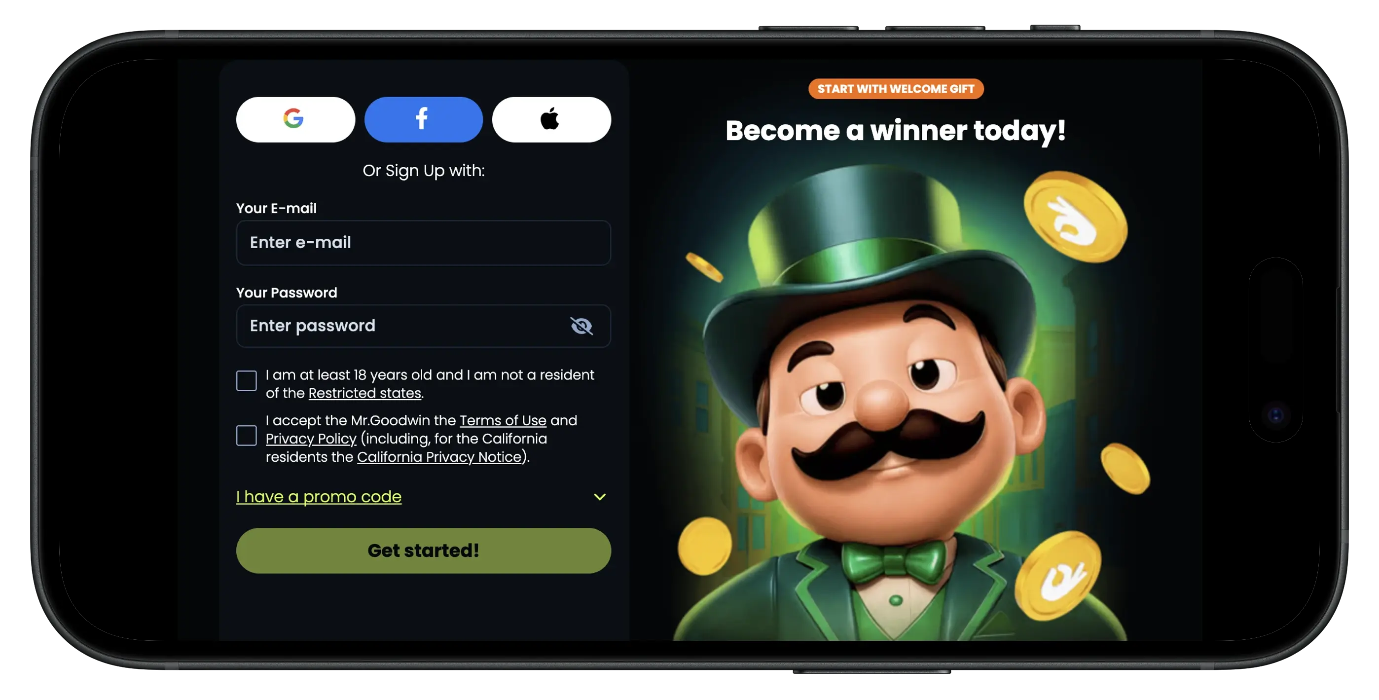 Mr. Goodwin Sign Up interface on mobile.