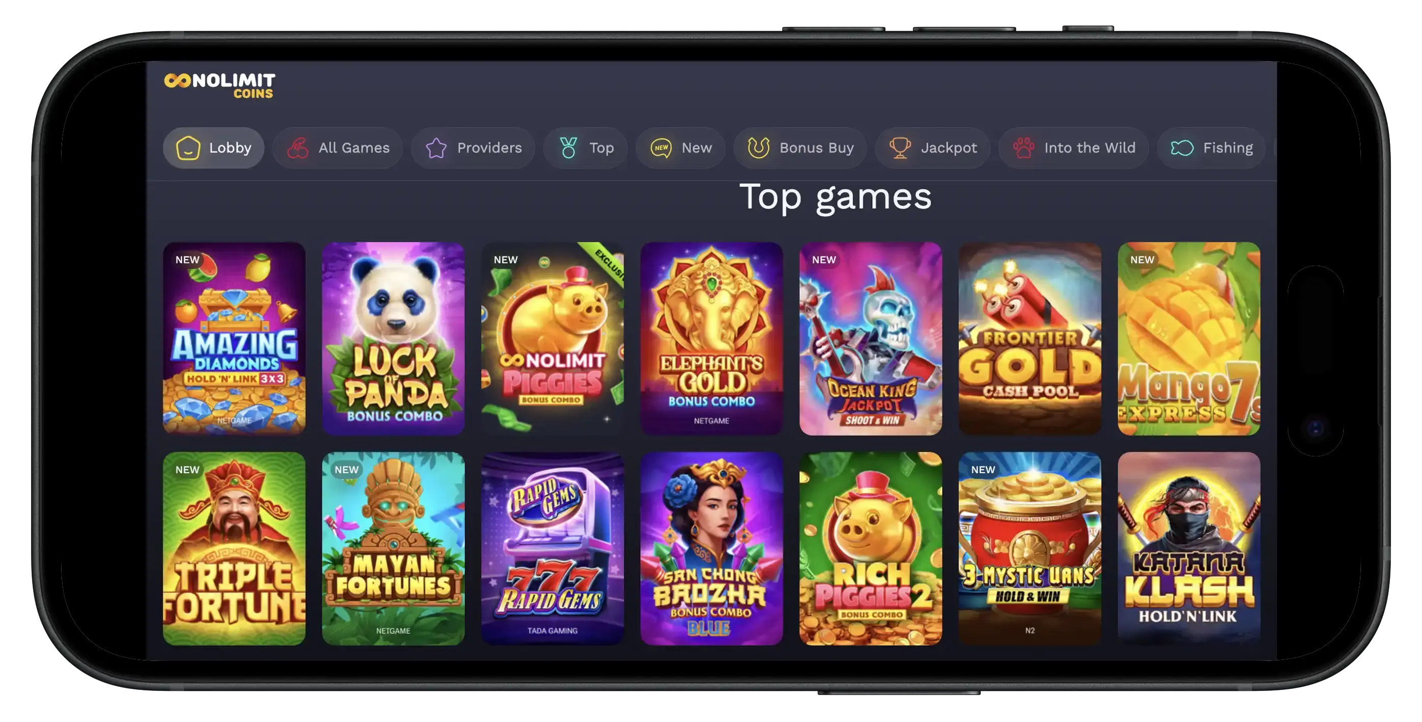 NoLimitCoins Casino homepage and top games on mobile.
