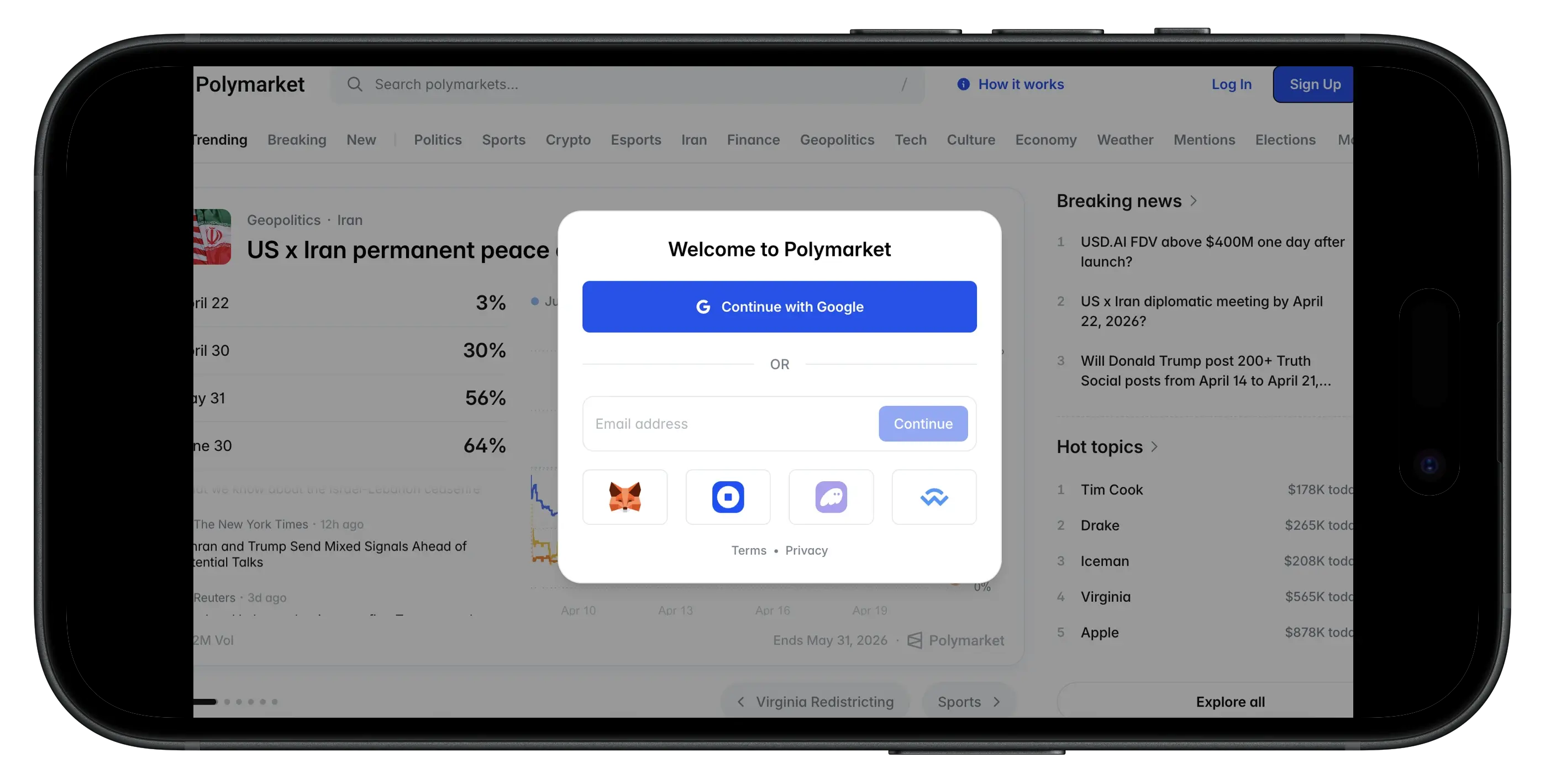 Welcome to Polymarket sign up screen on mobile.