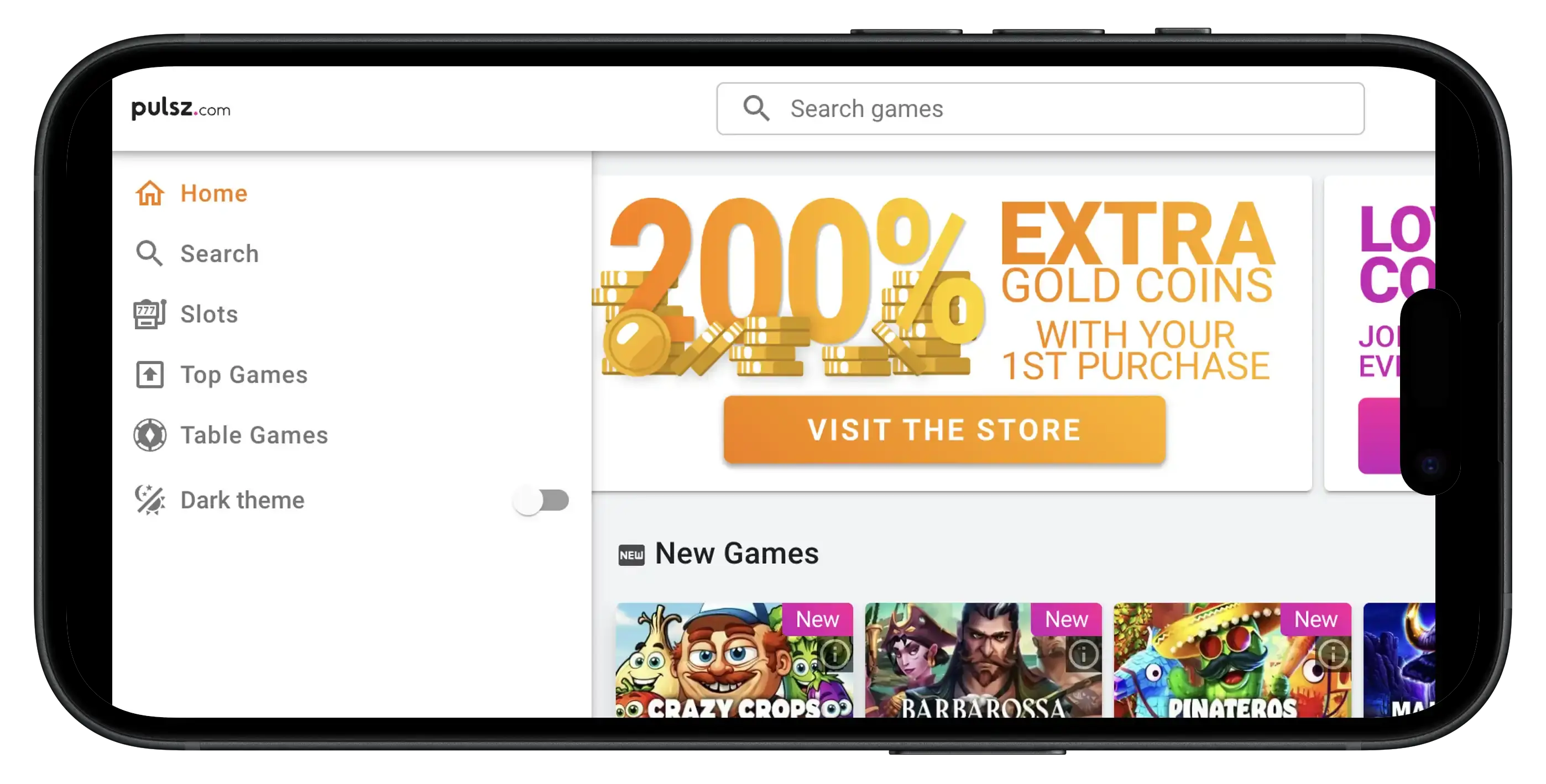 Pulsz Casino homepage on mobile.