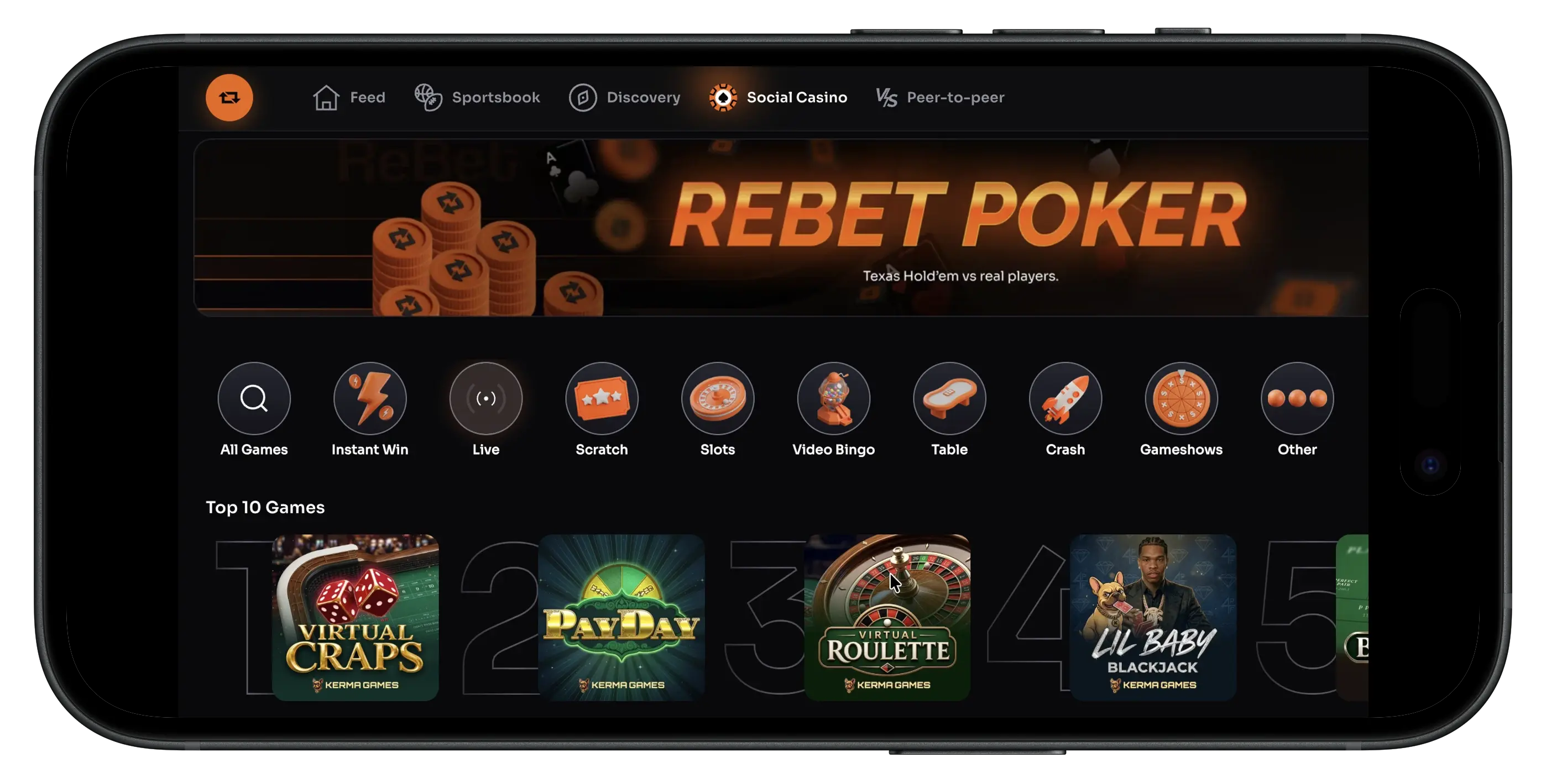 Rebet Social Casino Games on the homepage.