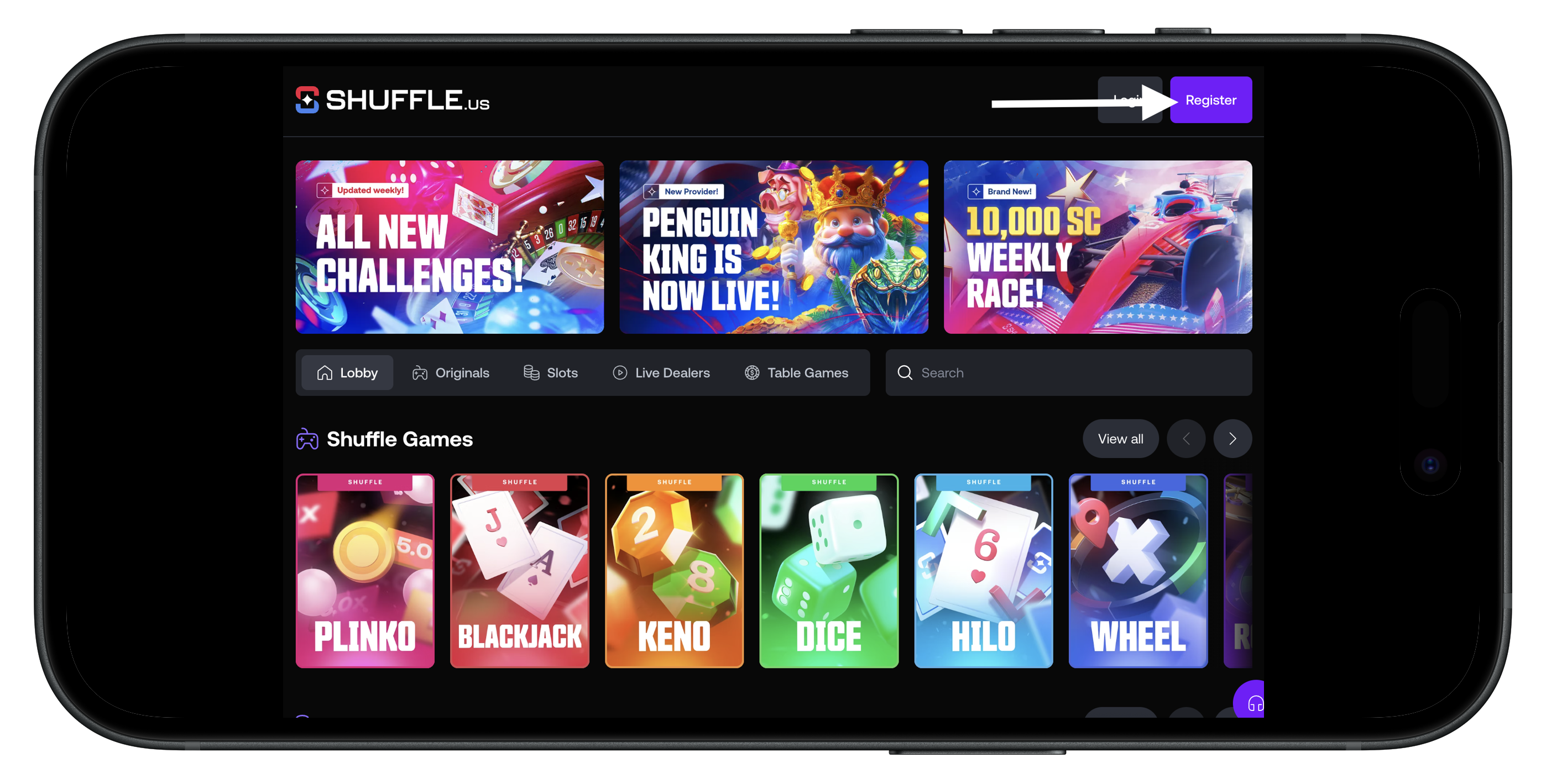 Shuffle.us Casino promo code game selection on mobile.