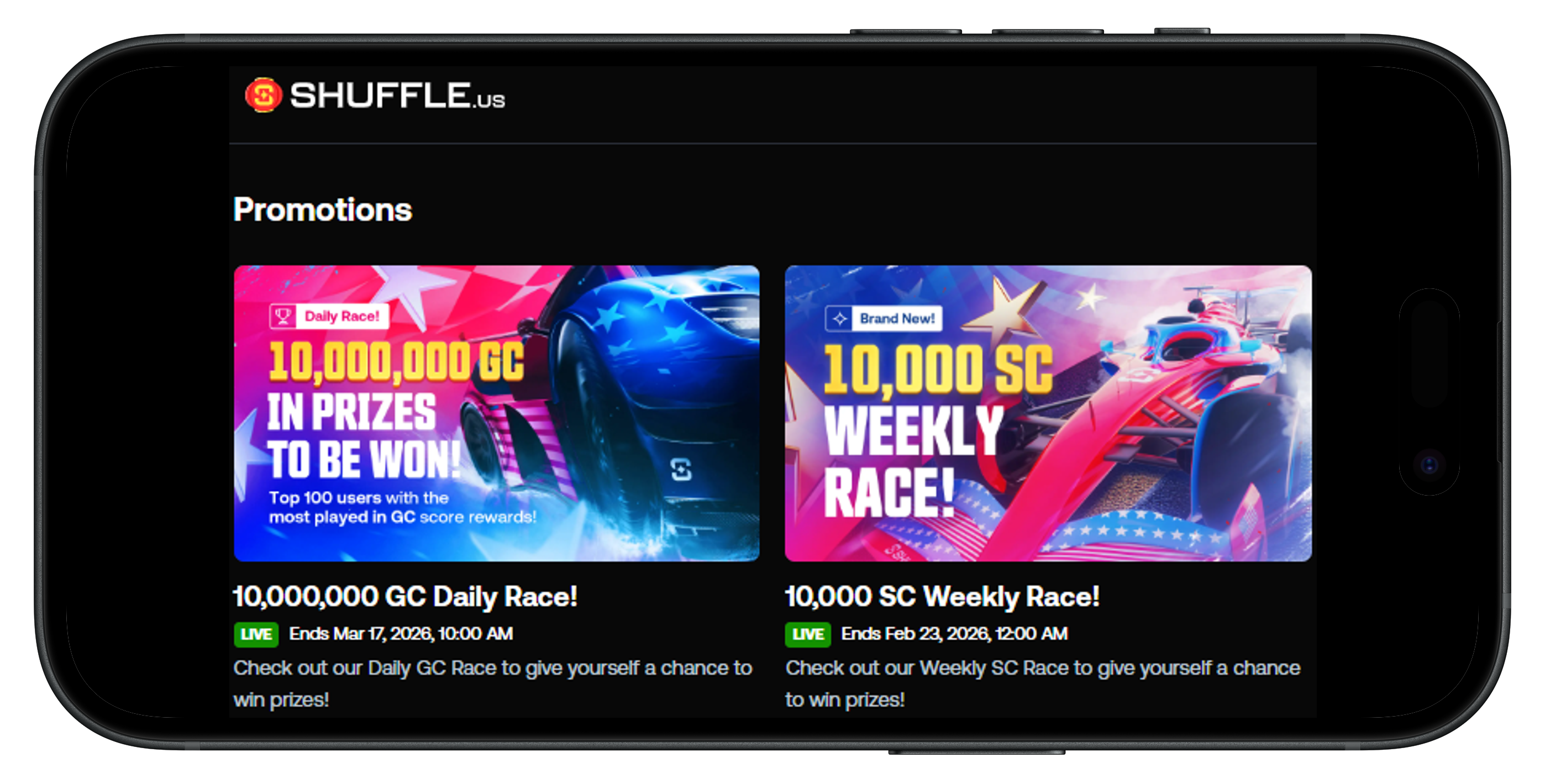 Shuffle.us Casino Promotions on mobile.