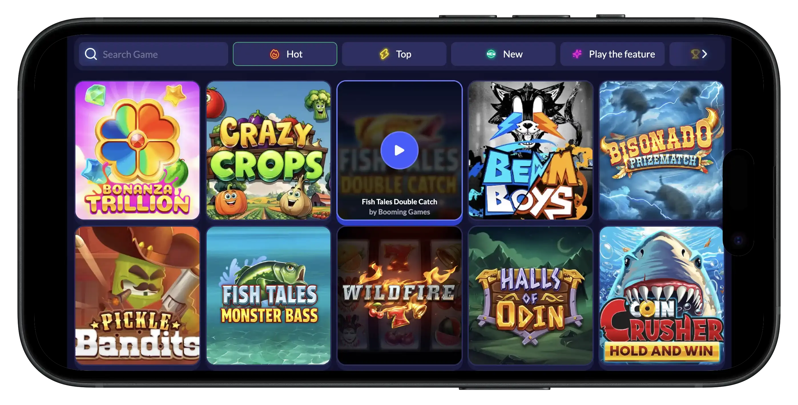 Sixty6 Casino game library on mobile.
