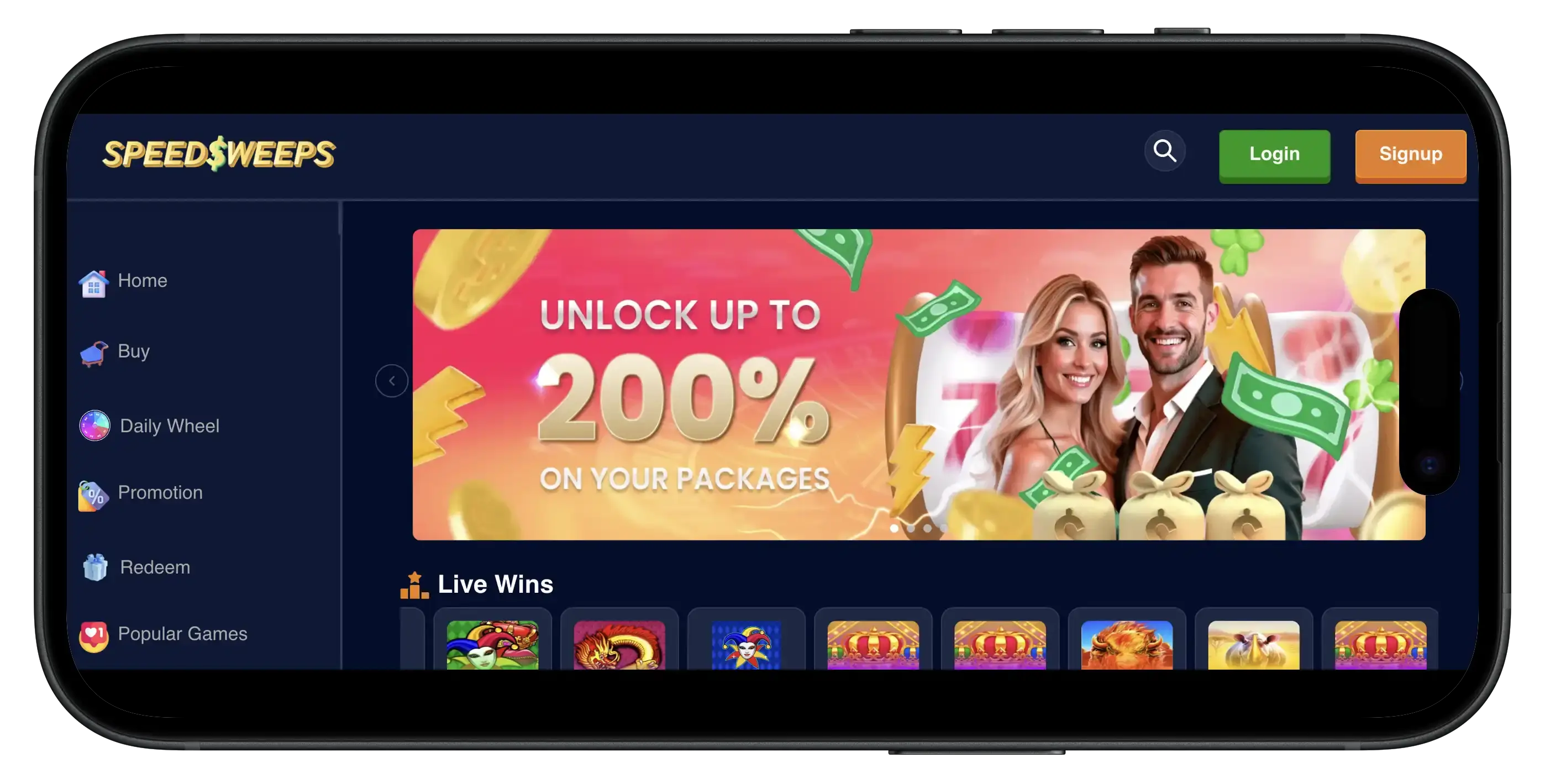 SpeedSweeps Casino homepage on mobile.