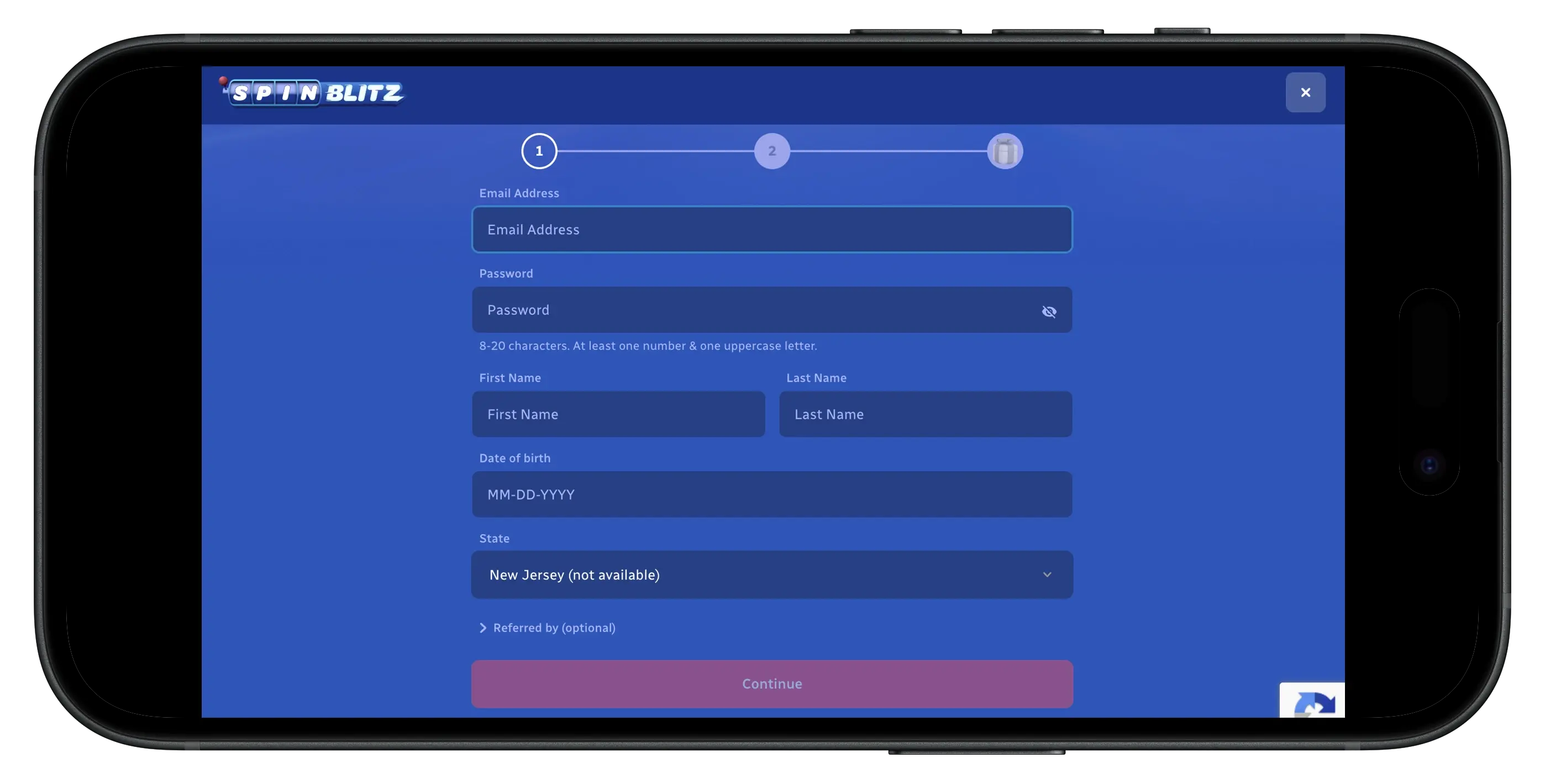 SpinBlitz Join Now prompt on mobile.