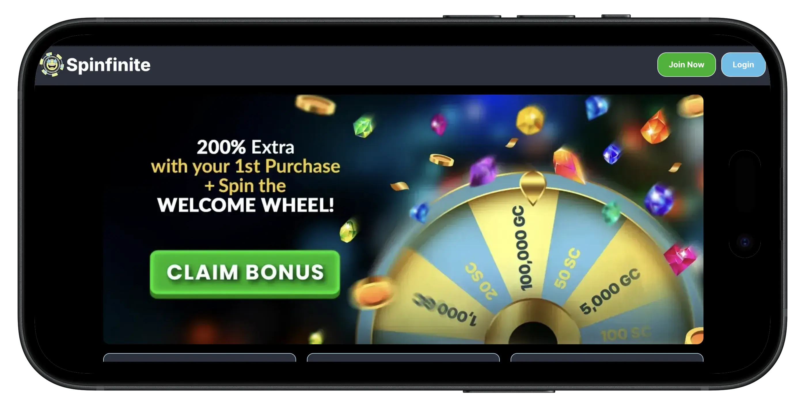 Spinfinite Casino homepage on mobile.