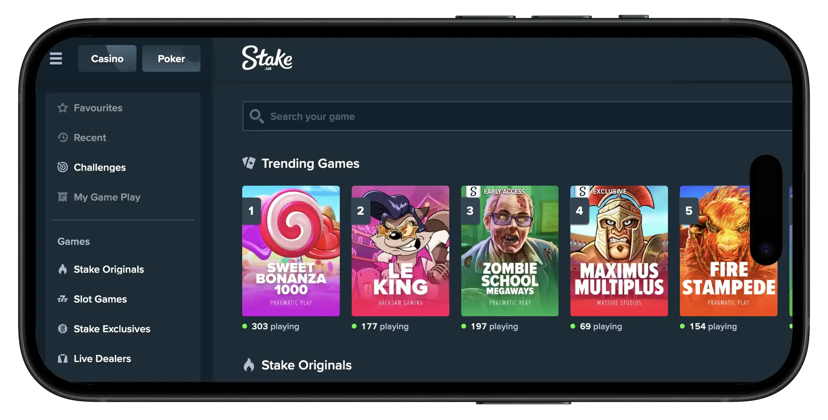 Stake.us homepage on mobile.
