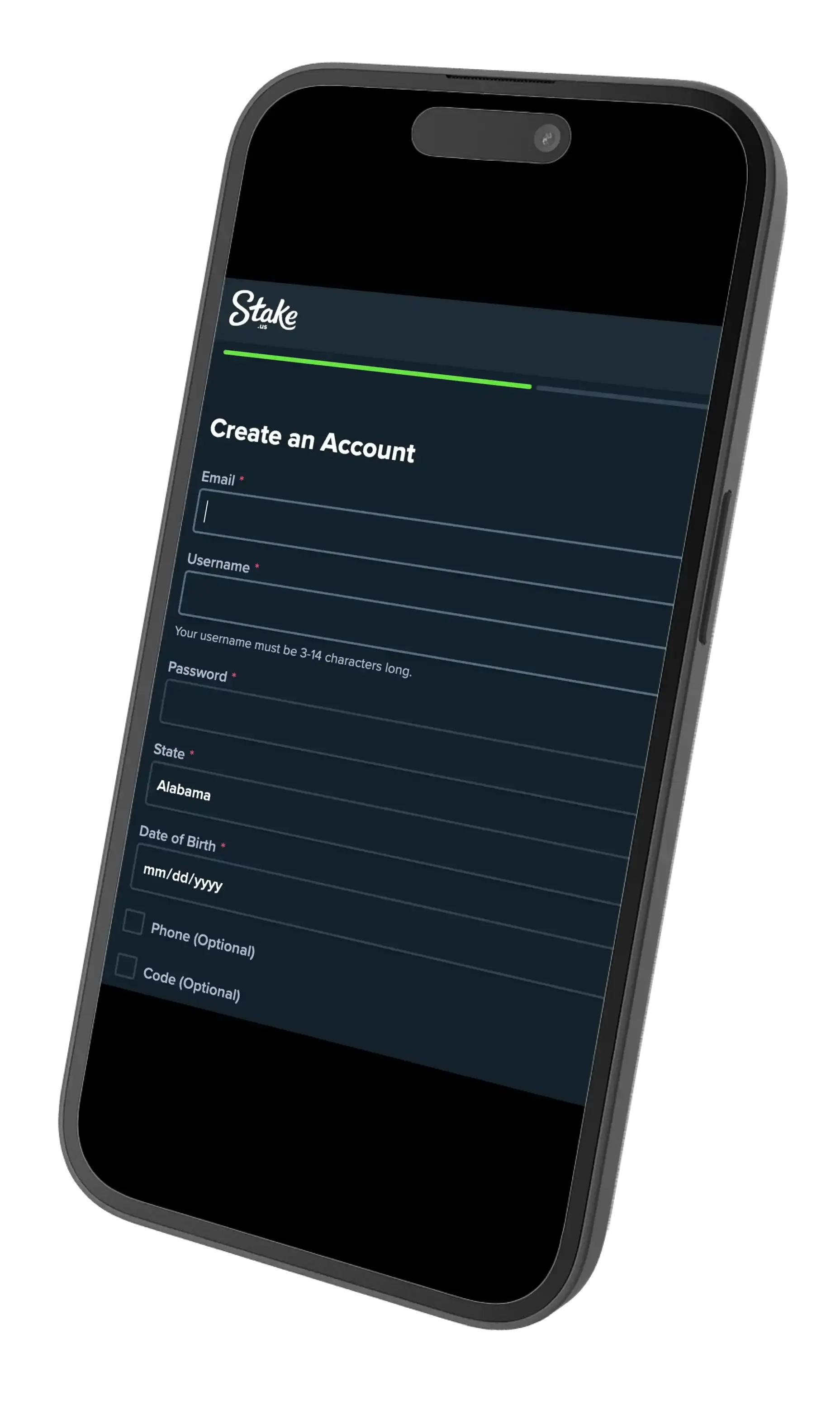 Stake.us sign up pop up on mobile.