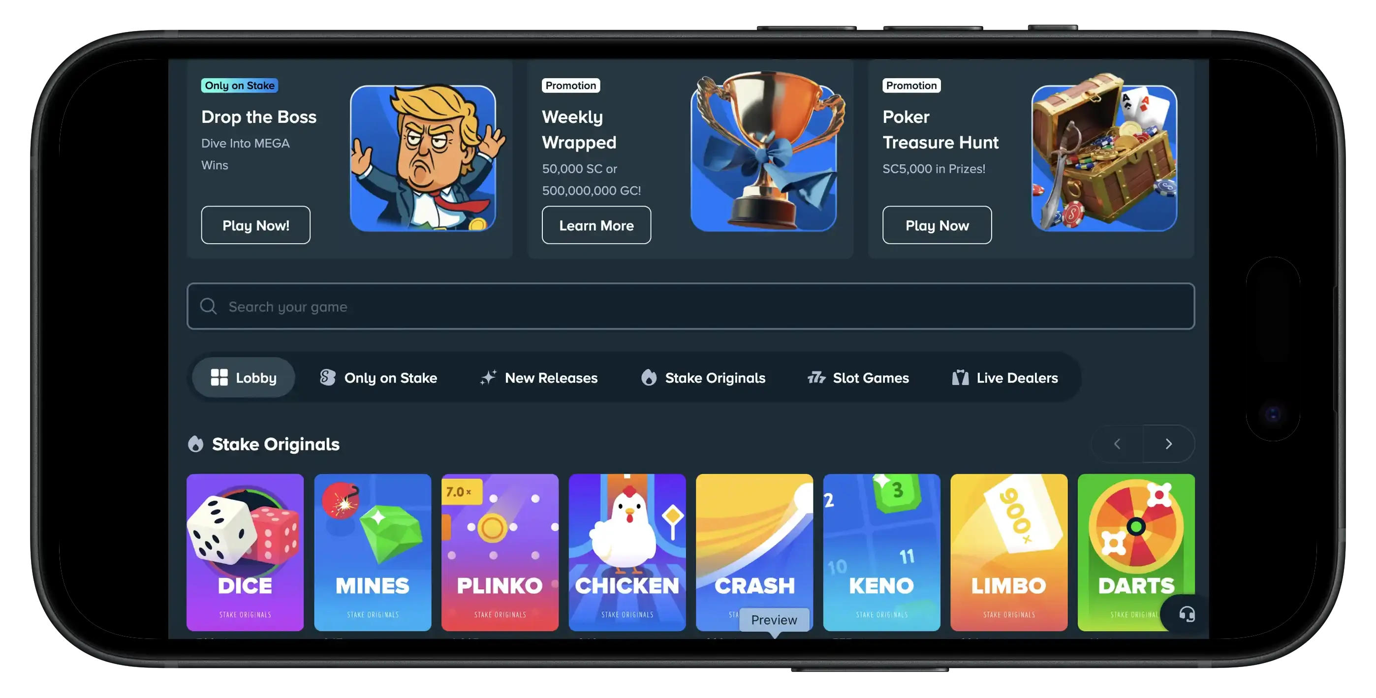 Stake.us Casino lobby of games and more.