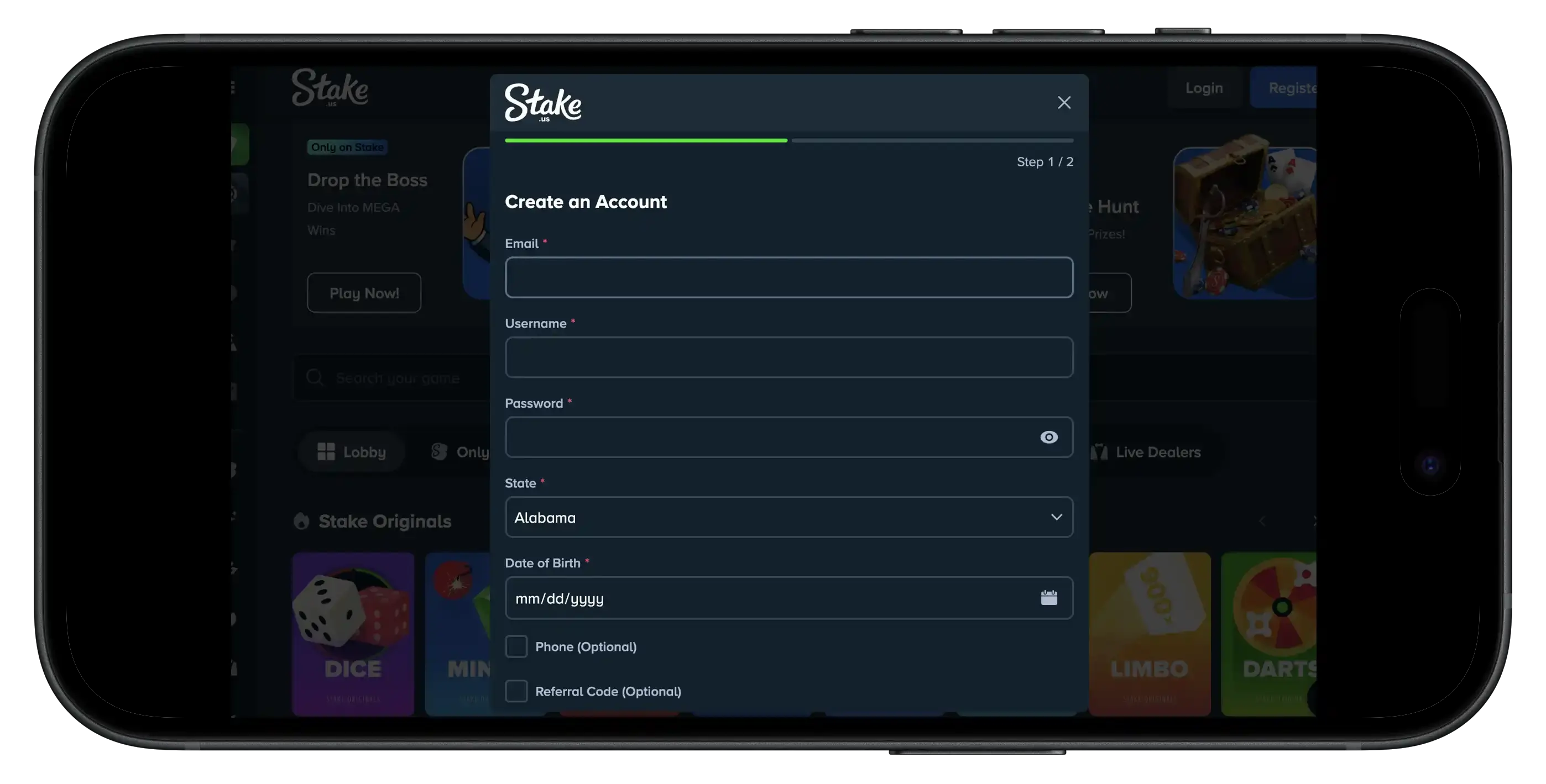 Stake.us referral code sign up pop up.