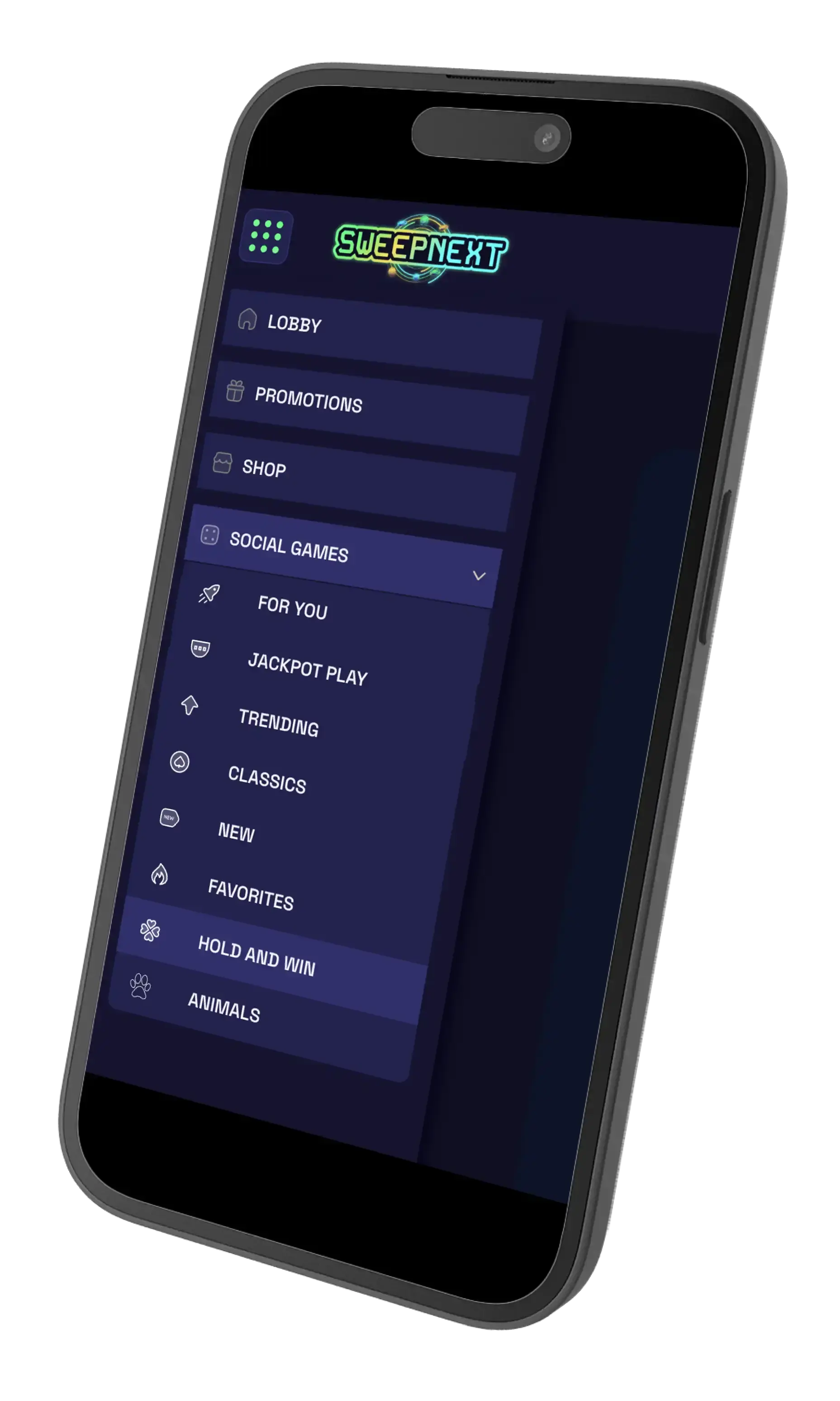 SweepNext Casino Sidebar on Mobile.