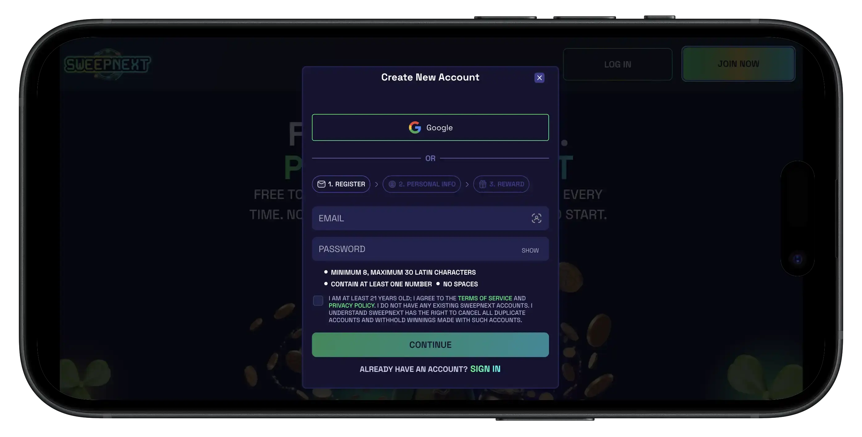 SweepNext Casino sign up prompt on mobile.