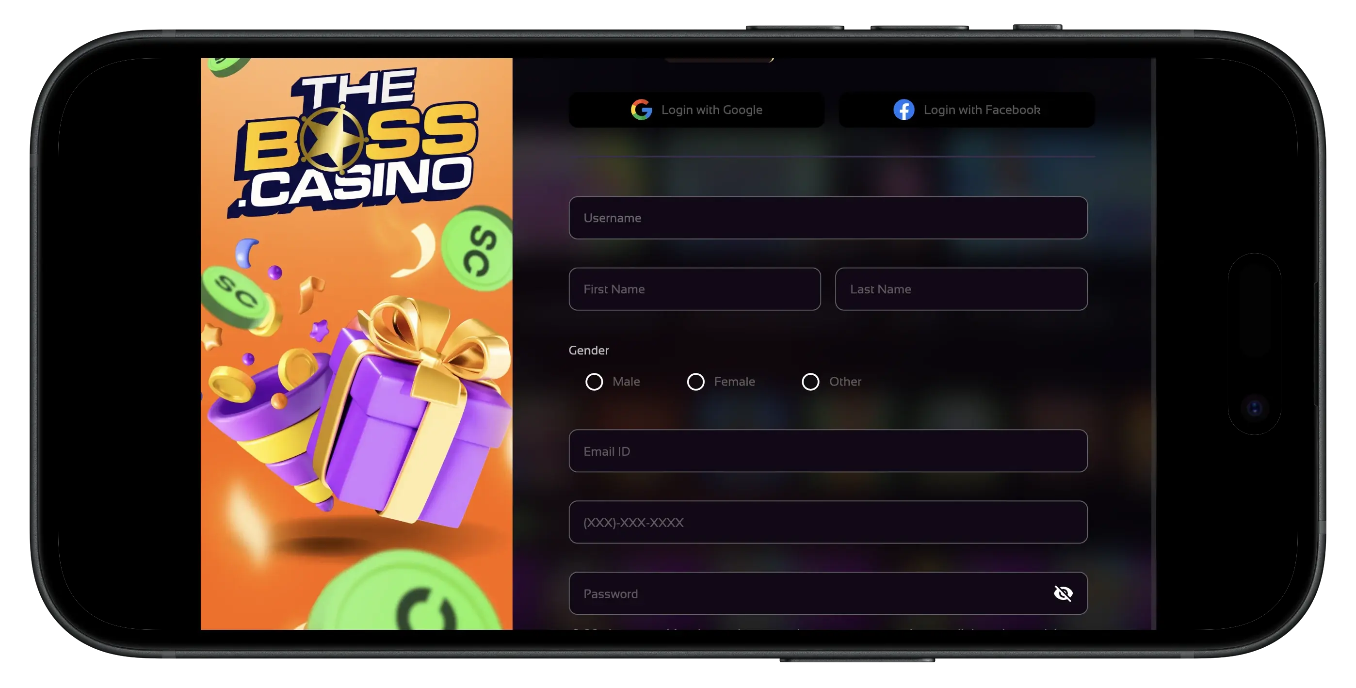 The Boss Casino sign up pop up on mobile.