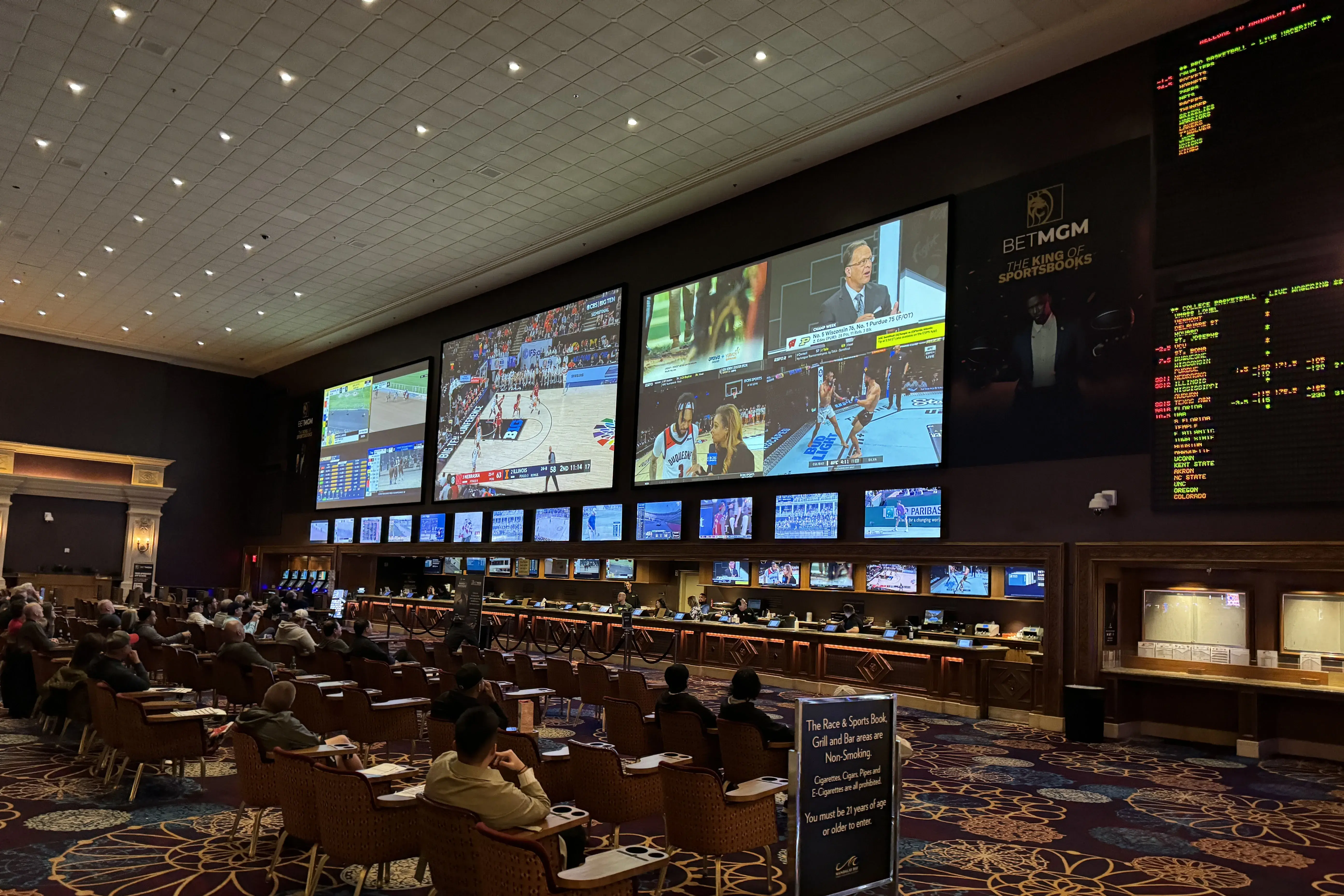The BetMGM Sportsbook at the Mandalay Bay resort and casino. Mandatory Credit: Kirby Lee-Imagn Images