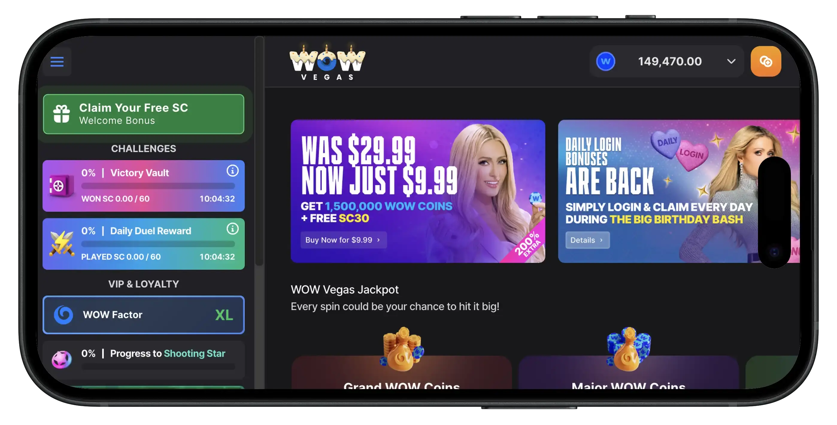 WOW Vegas homepage interface on mobile.