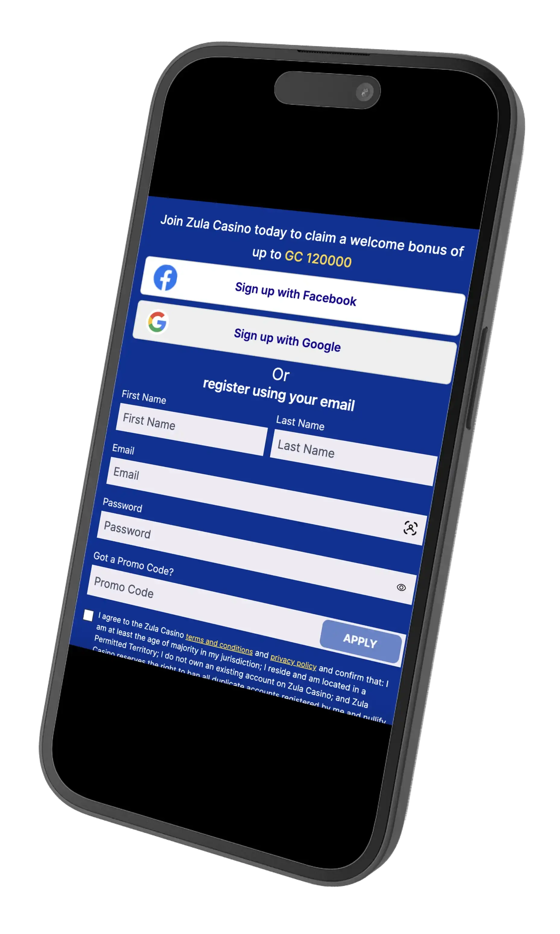 Zula Casino Sign up on mobile.