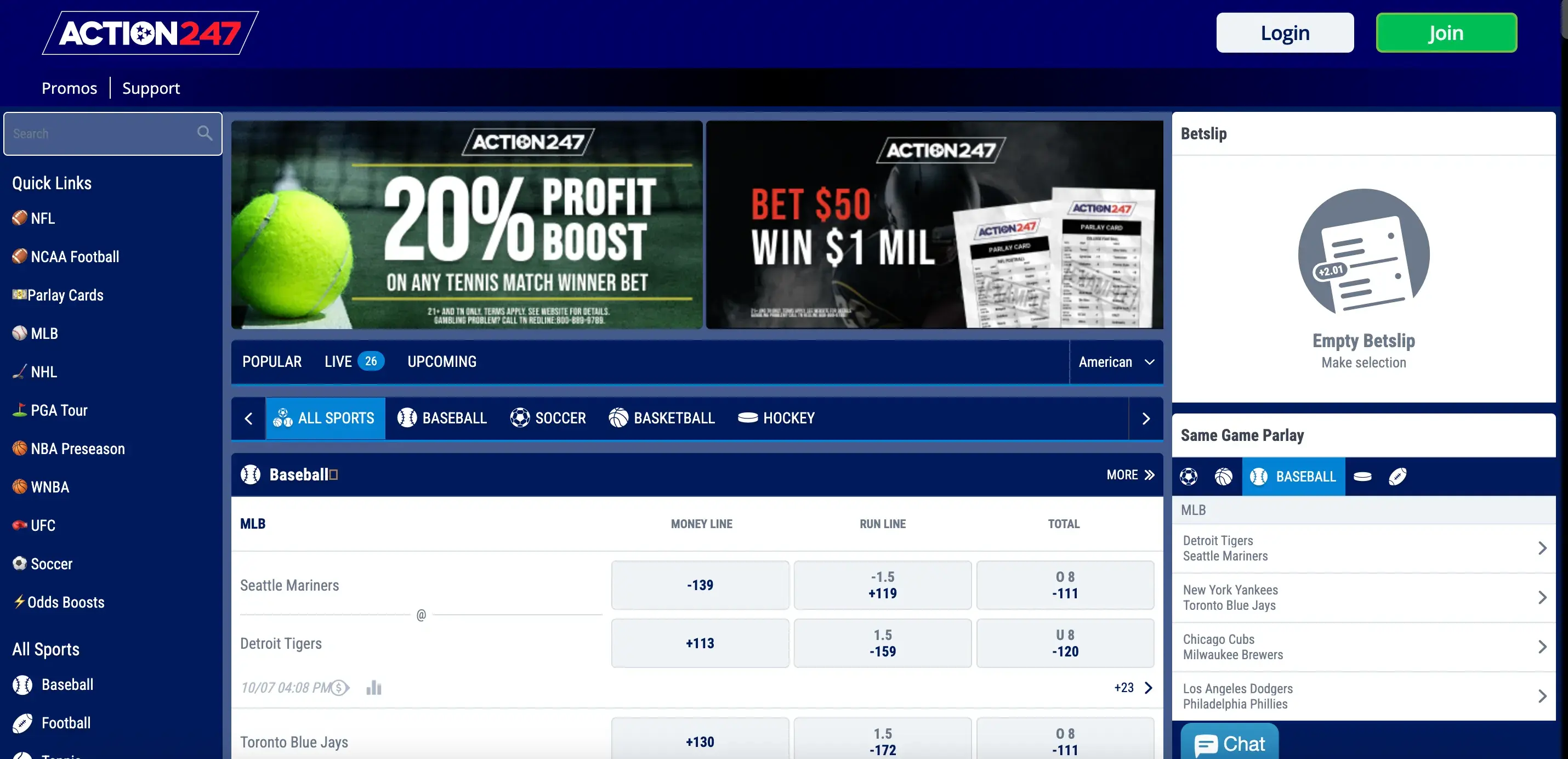 Betting Markets on Action 24/7 Sportsbook in Tennessee