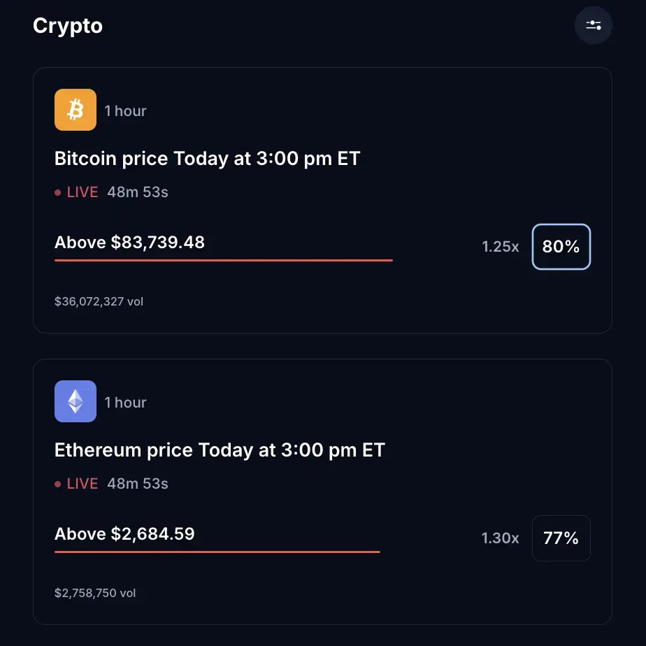 Crypto.com's website showing 1 hour crypto markets inside its Predict tab