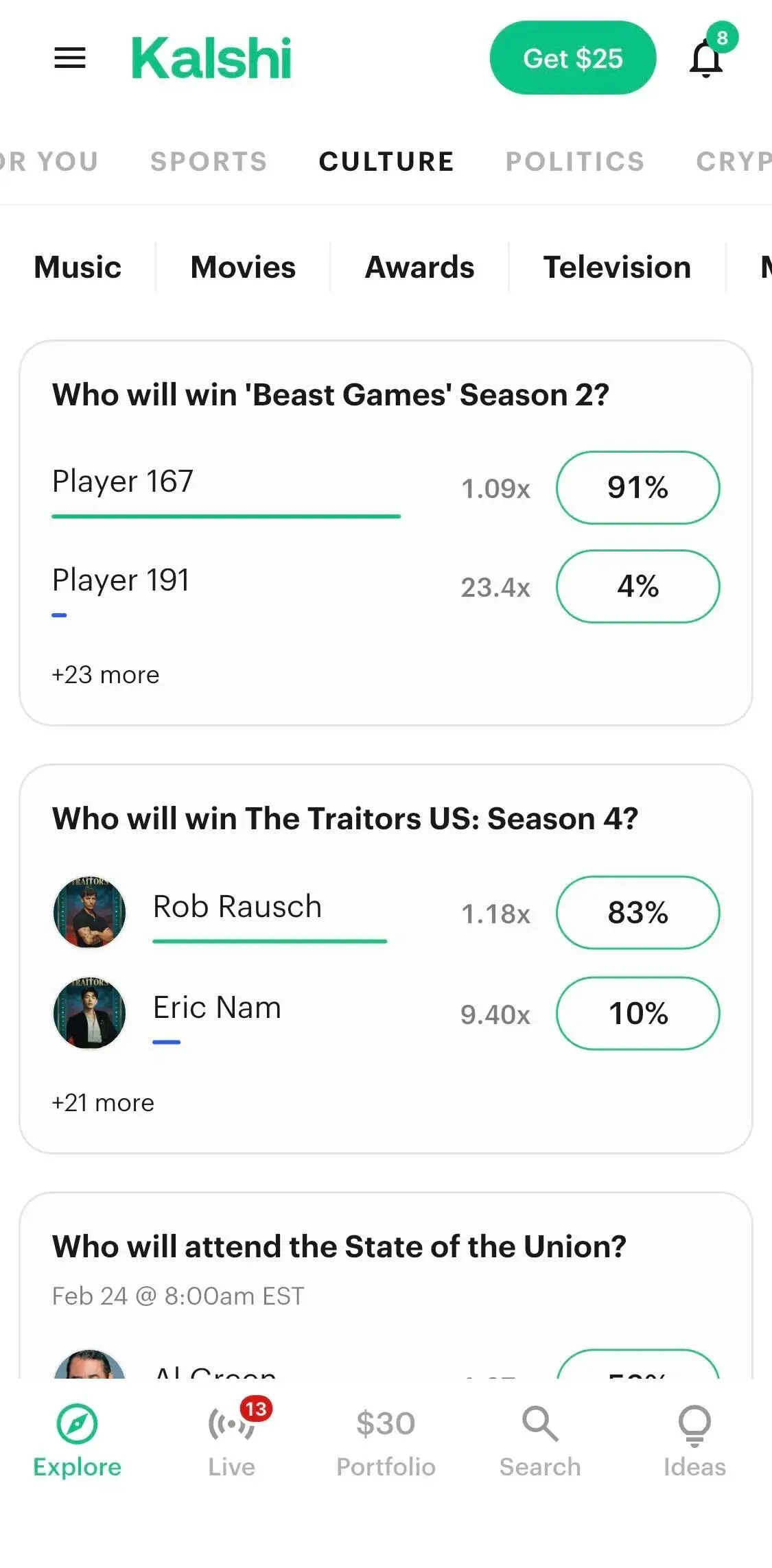 Popular culture Kalshi contracts