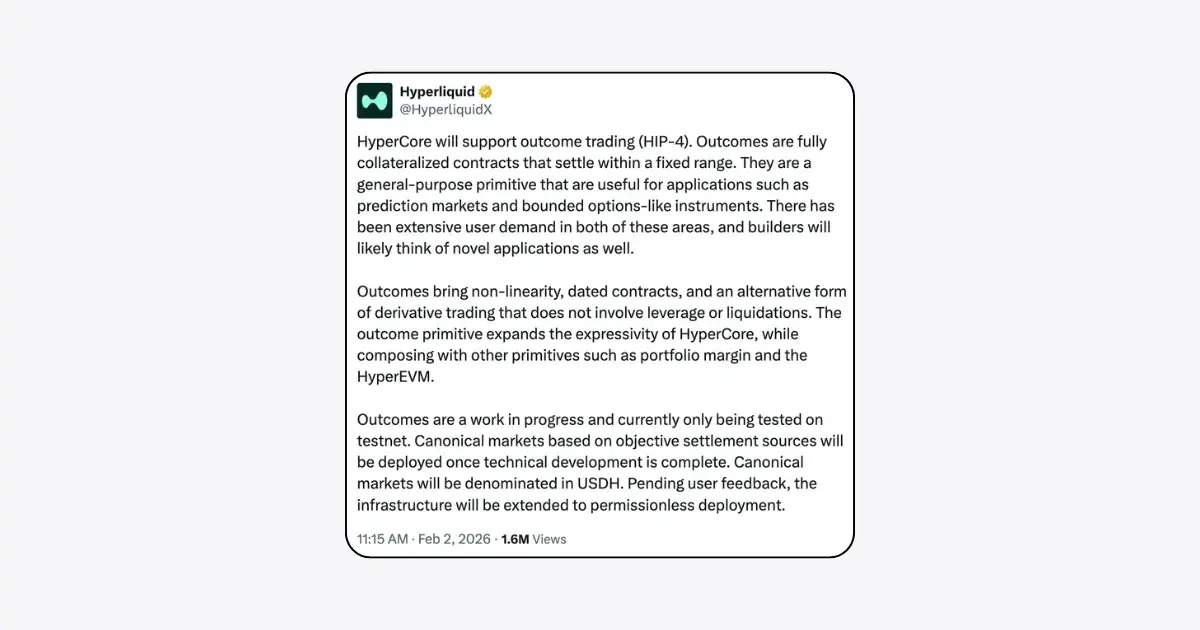 Hyperliquid X post talking about outcome trading through HIP-4