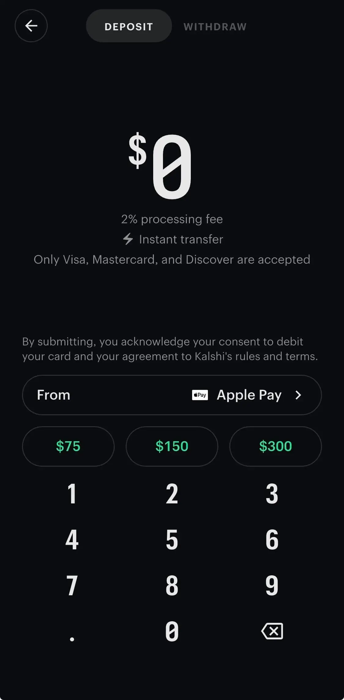 kalshi deposits screen in the app