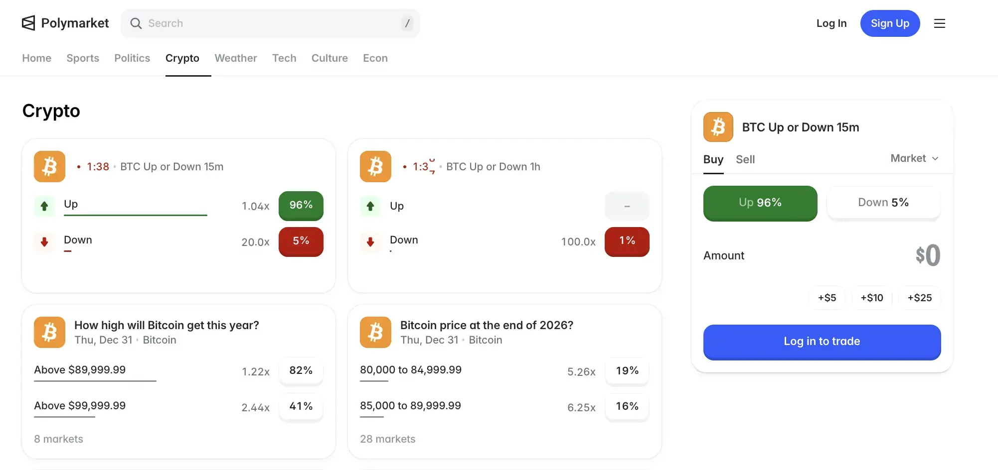 polymarket US app showing crypto markets