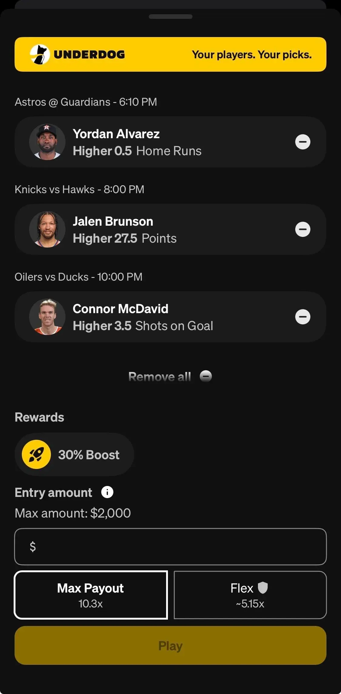 underdog lineup for today