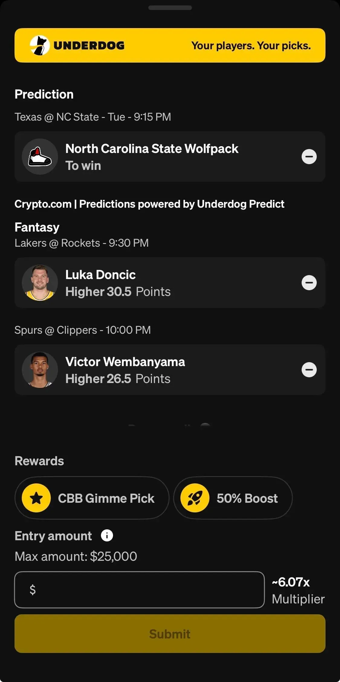 underdog lineup for today