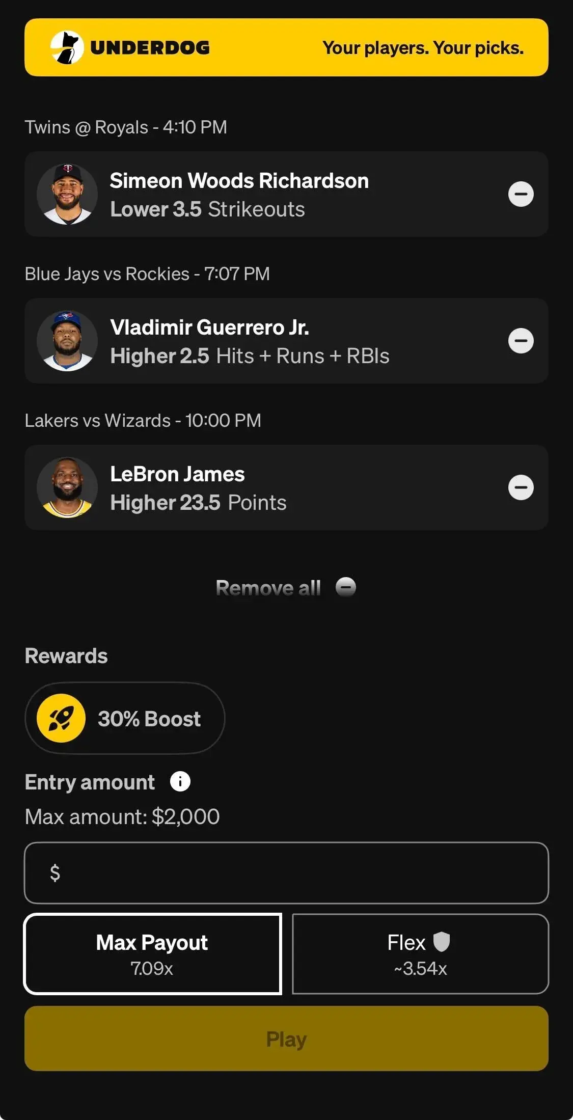 underdog lineup for today