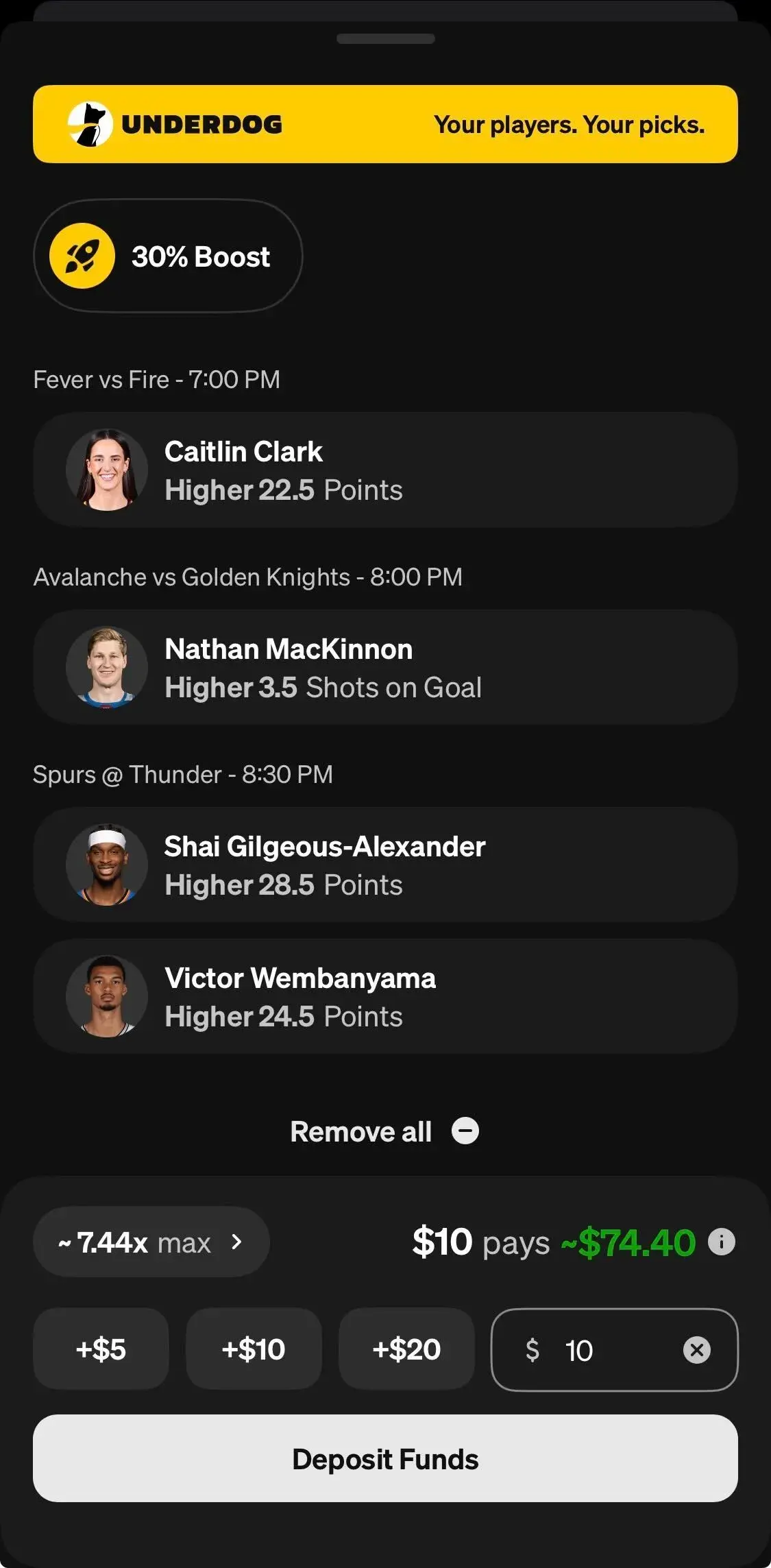 underdog lineup for today