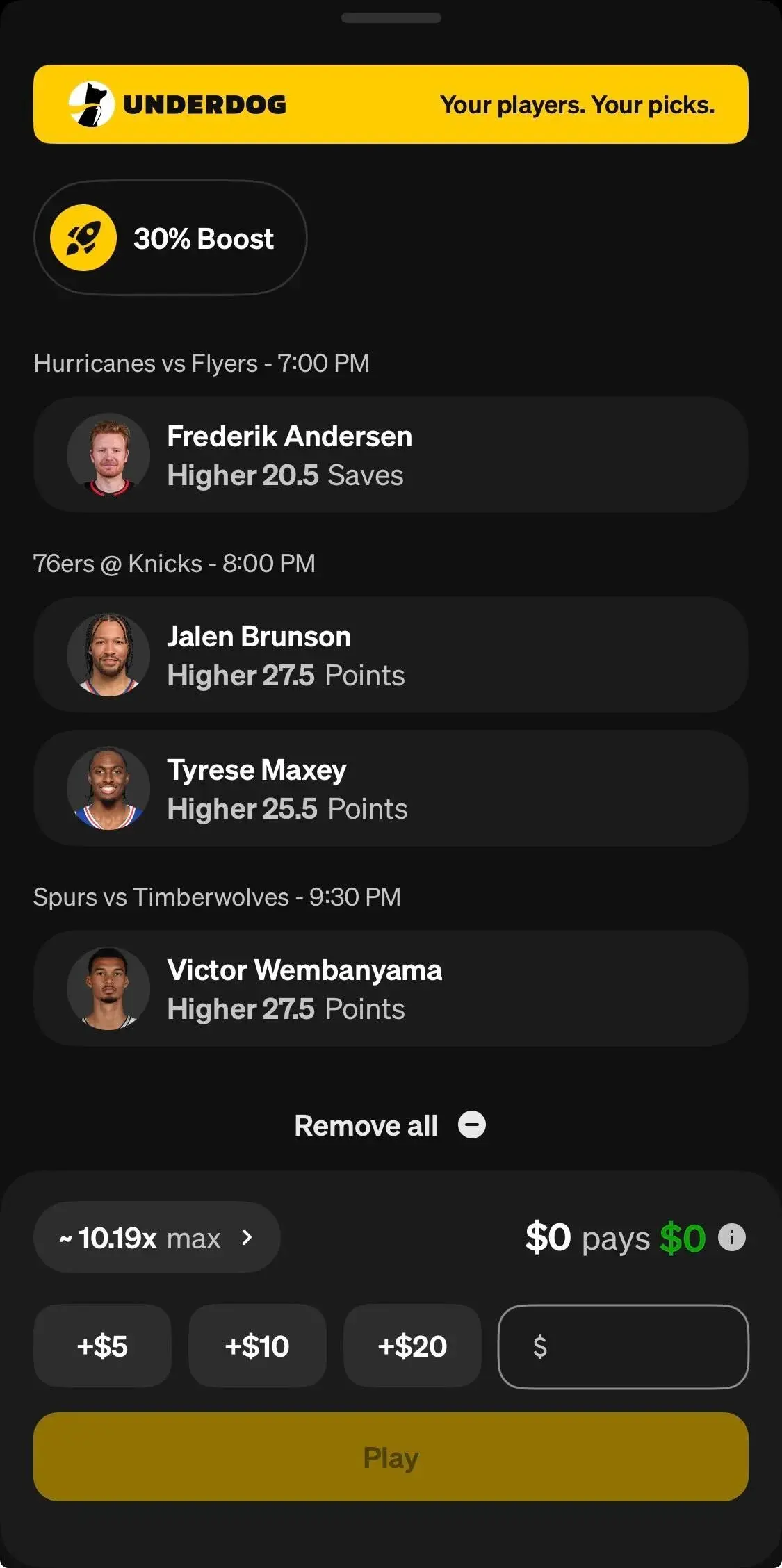 underdog lineup for today