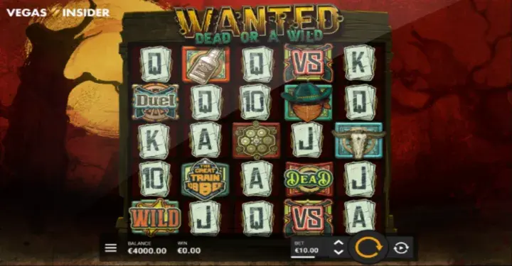 Wanted Dead or a Wild slot game interface showcasing Wild West-themed graphics and 5x5 reel layout.