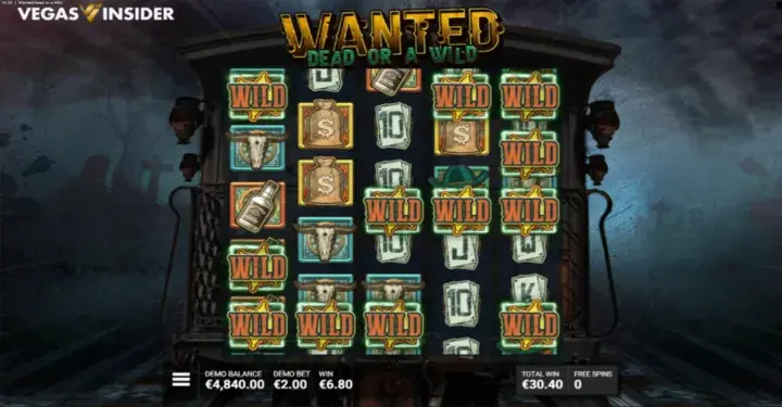 Great Train Robbery bonus round from Wanted Dead or a Wild, displaying sticky wilds locked on the reels.