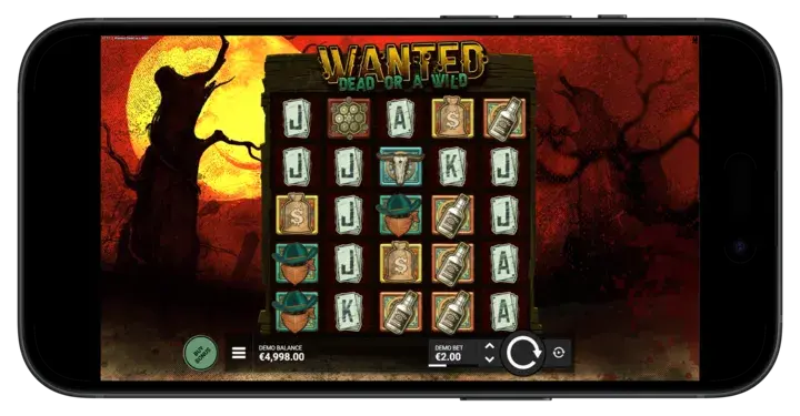 Wanted Dead or a Wild slot displayed on a mobile device, demonstrating full mobile compatibility and responsive design.
