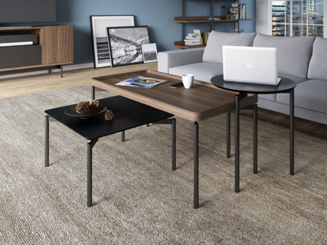 Intersect and overlap tables of distinct shapes, sizes, and materials with the Radius Table Collection by BDI, and create truly functional display spaces.