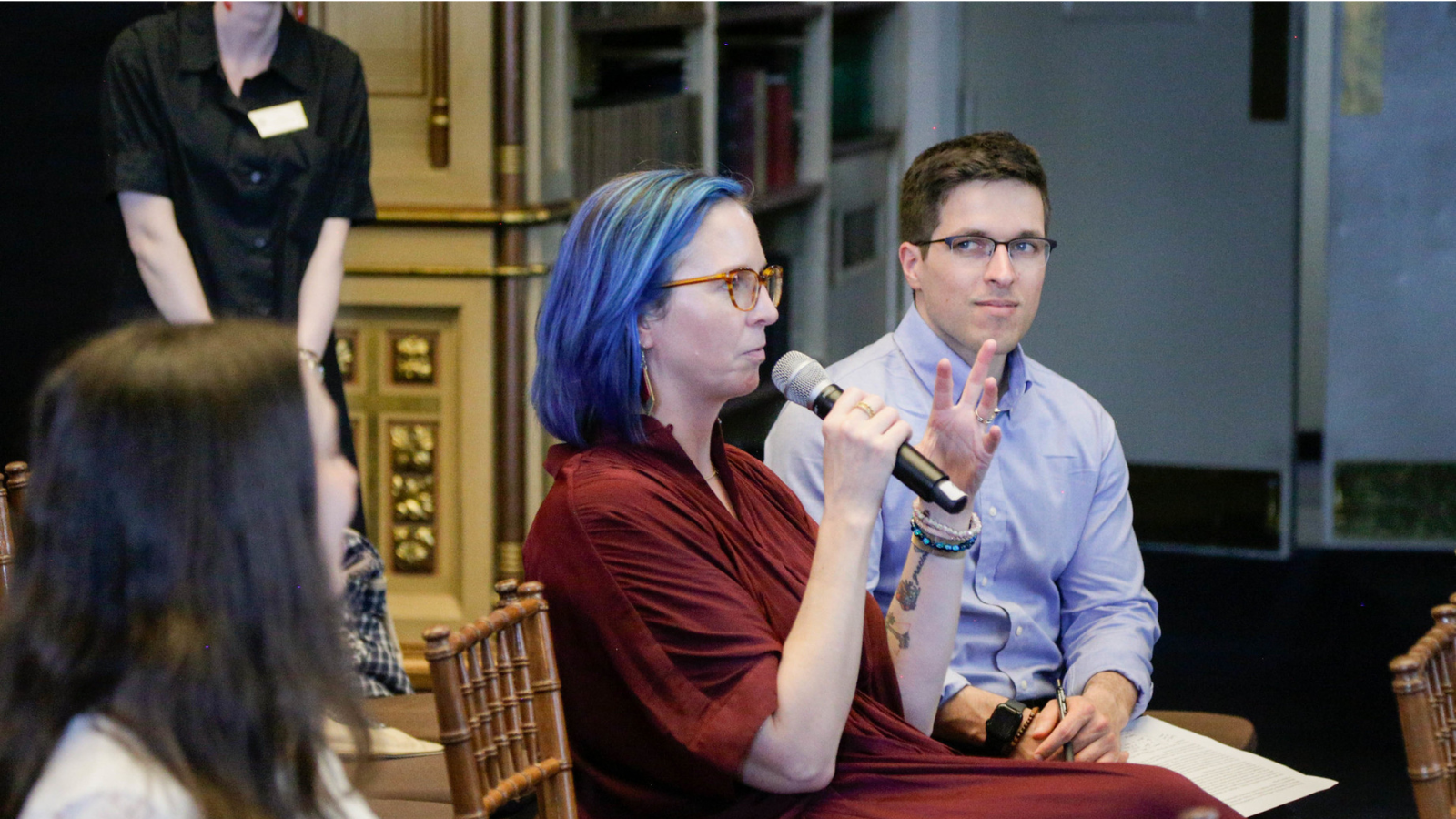 Amy Vander Vliet, the Office of the Vice President for Global Engagement's Communications Director, asks a question.