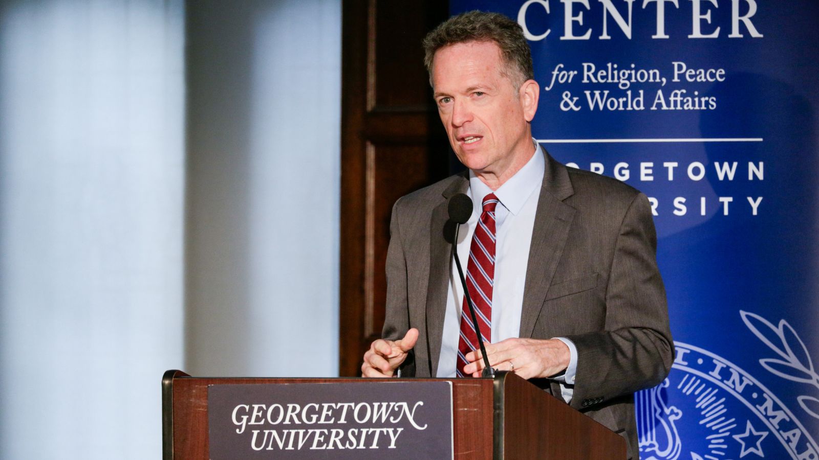 Thomas Banchoff, executive director of the Berkley Center, introduces the event.