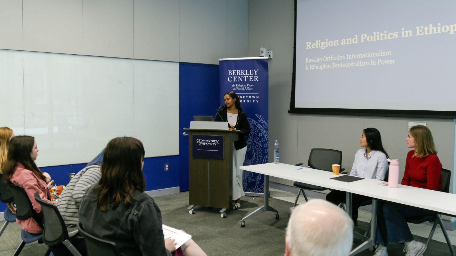 Blain Beyene (C'25) presents research within the panel on Religion, Reconciliation, and Dialogue.