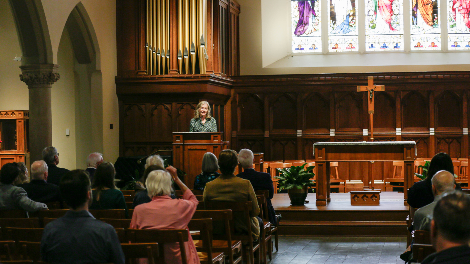 Audience members attend the Costan Lecture in the beautiful Dahlgren Chapel of the Sacred Heart.