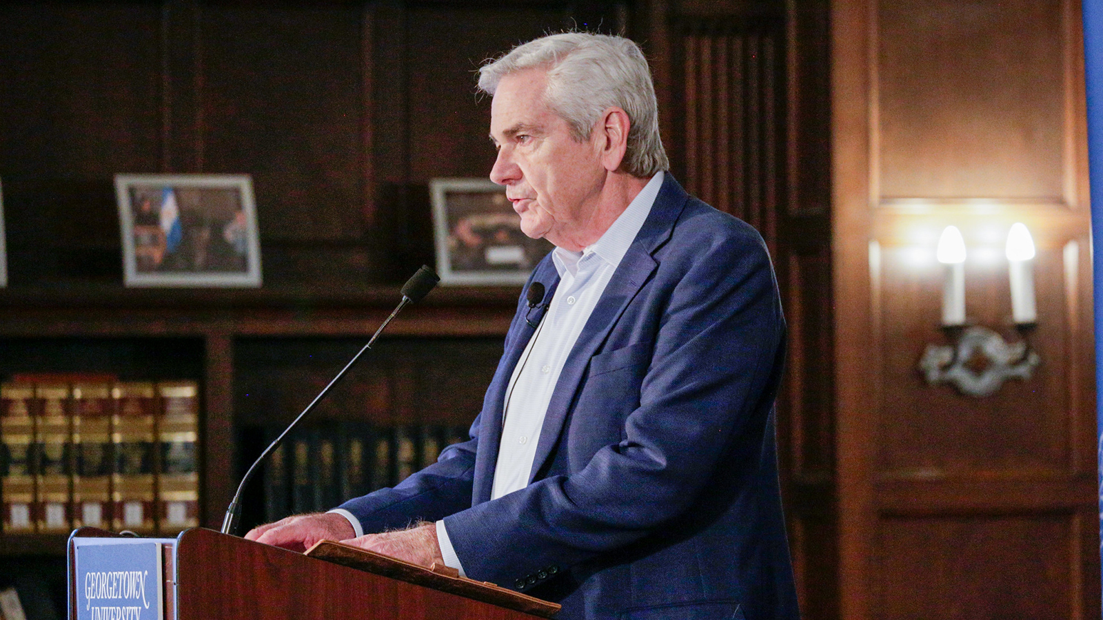 Spring 2025 Sakka Fellow Tom Gjelten speaks at a podium