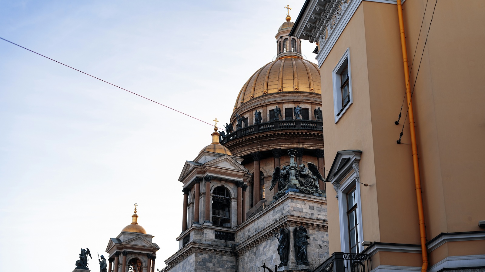 A church spire in St. Petersburg, Russia.