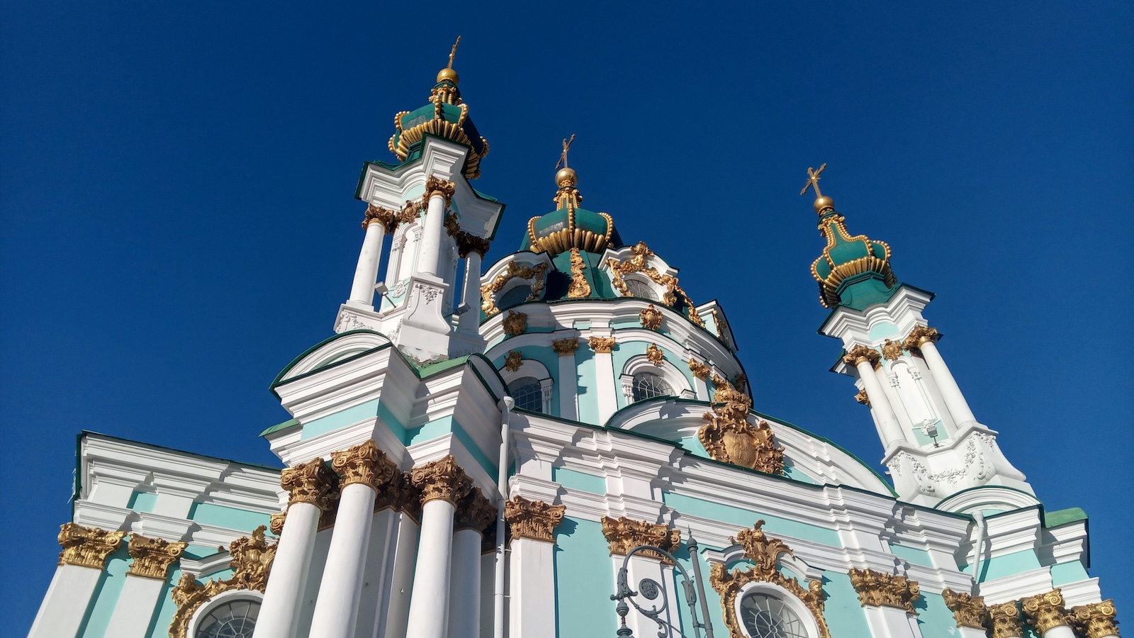 Church spires of St. Andrews, Kyiv, an Orthodox church under the jurisdiction of the Ecumenical Patriarch in Istanbul