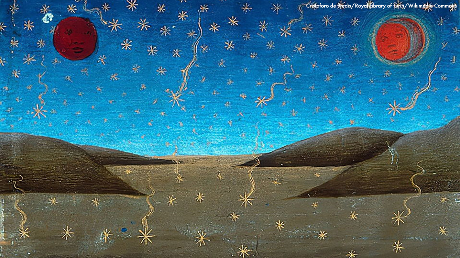 Moons and stars in an evening landscape. Cristoforo de Predis, 1476. Courtesy: Royal Library of Turin/Wikimedia Commons.