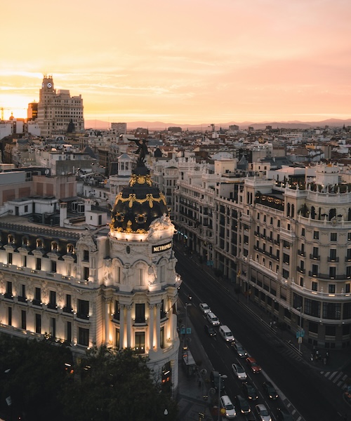 An evening view of a street in Madrid