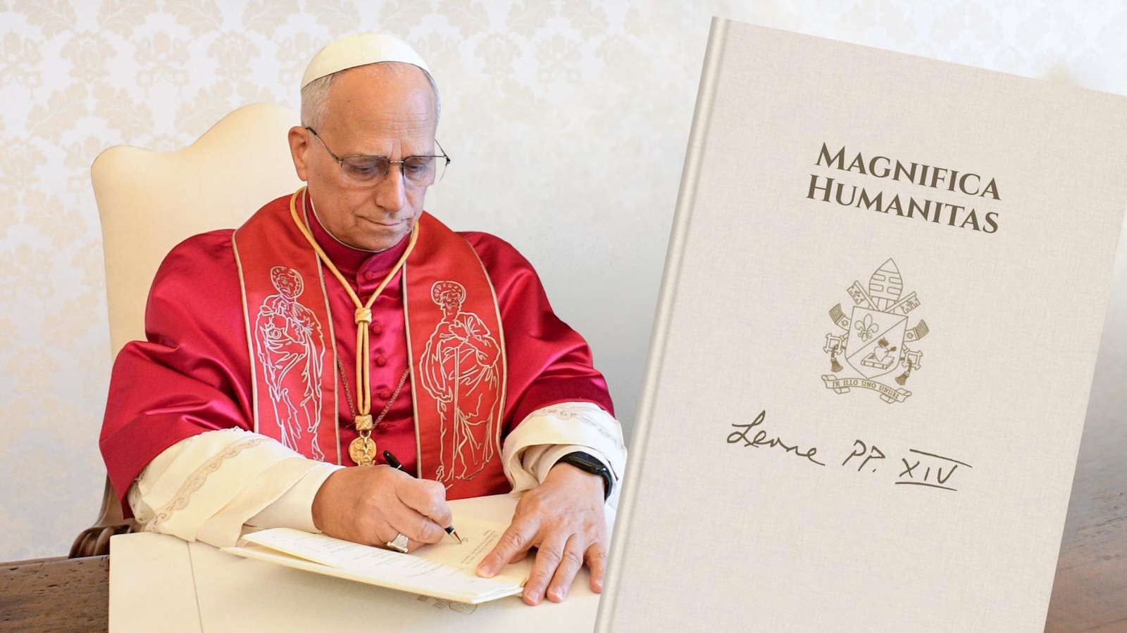 Pope Leo signs a document next to a stylized image of the Magnifica Humanitas encyclical