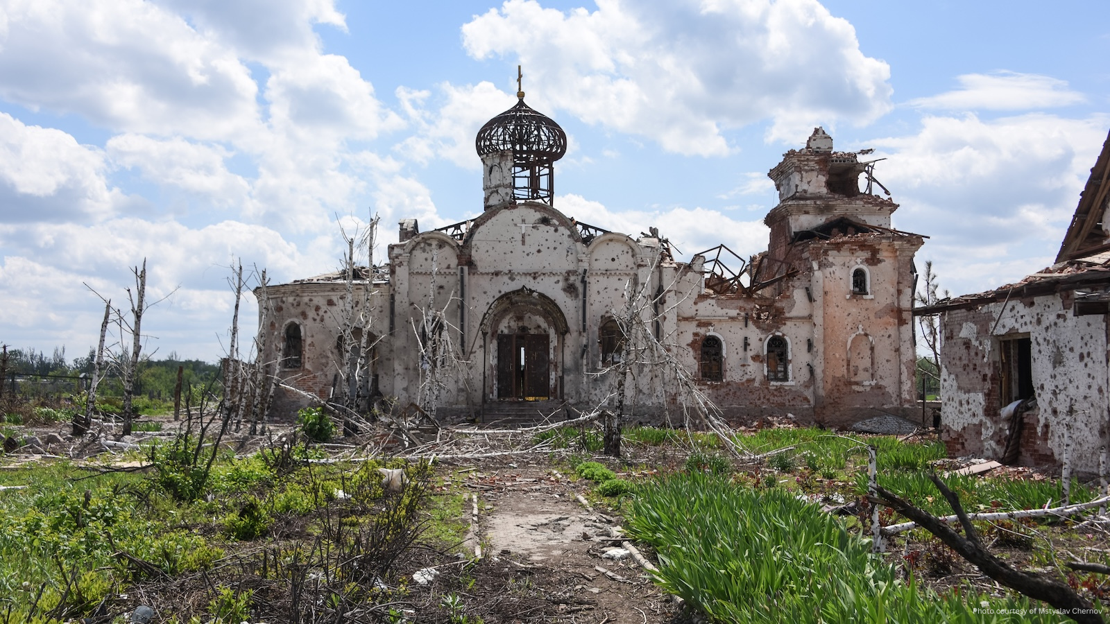 Remains of an Eastern Orthodox church after shelling in Eastern Ukraine