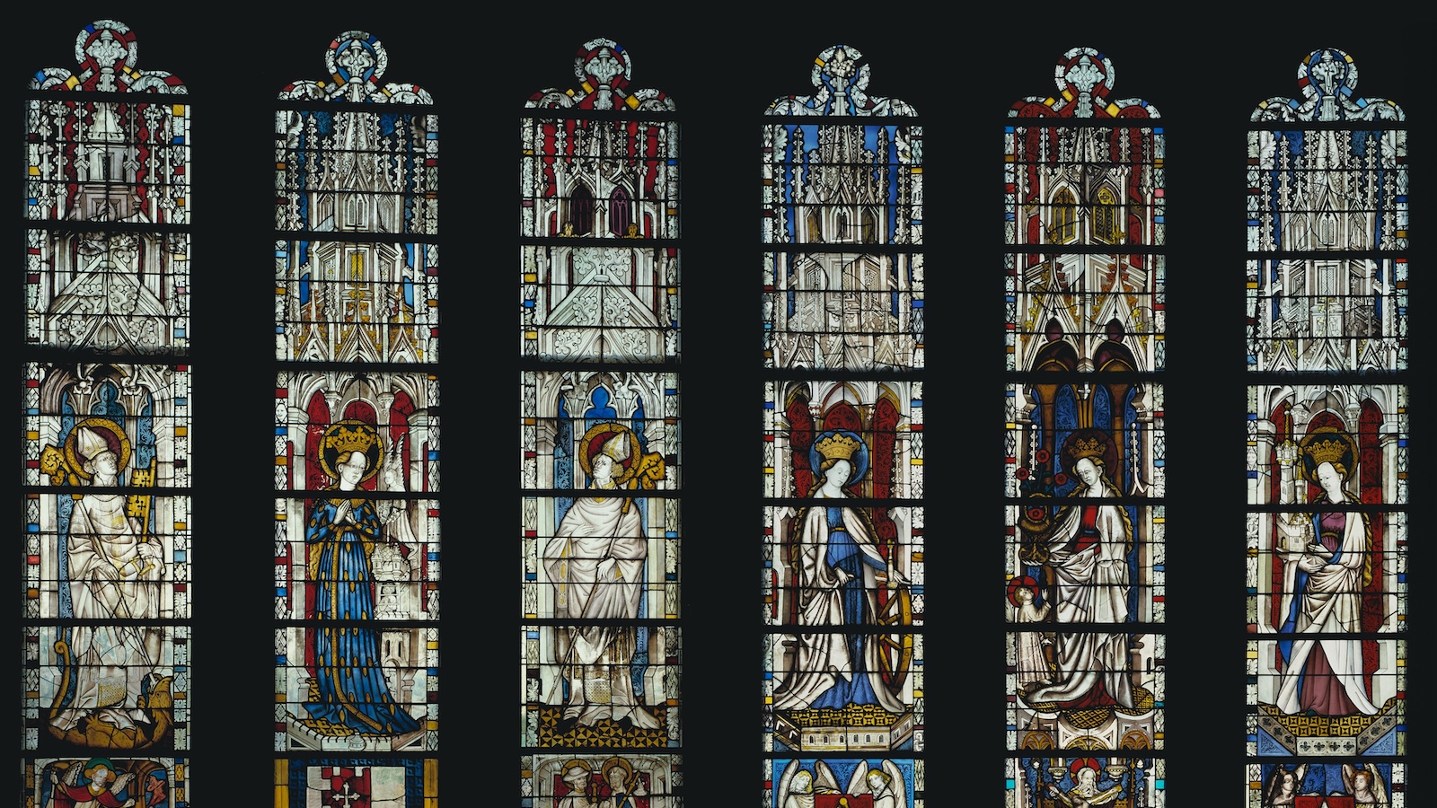 The Virgin Mary and Five Standing Saints above Predella Panels (Stained glass panels)