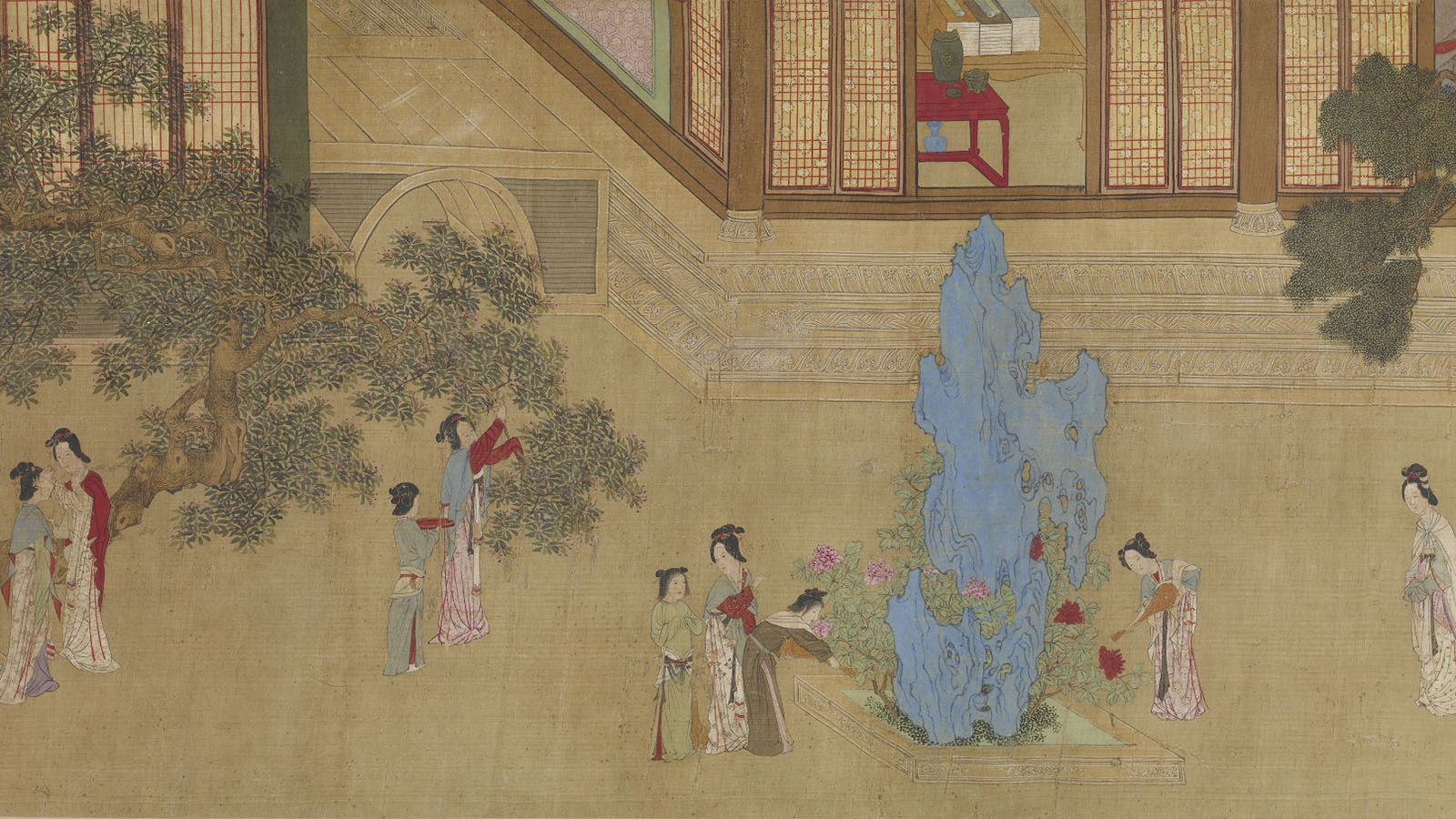 Copy of "Spring Morning in the Han Palace" scroll by Qiu Ying: Chinese women in a garden with trees and scholar's rock