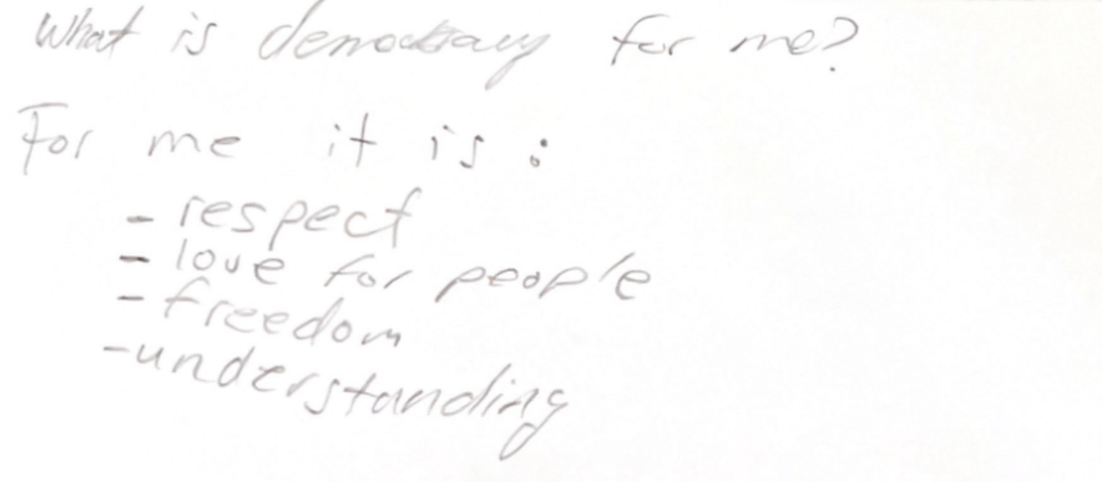 White notecard that says, "What is democracy for me?"